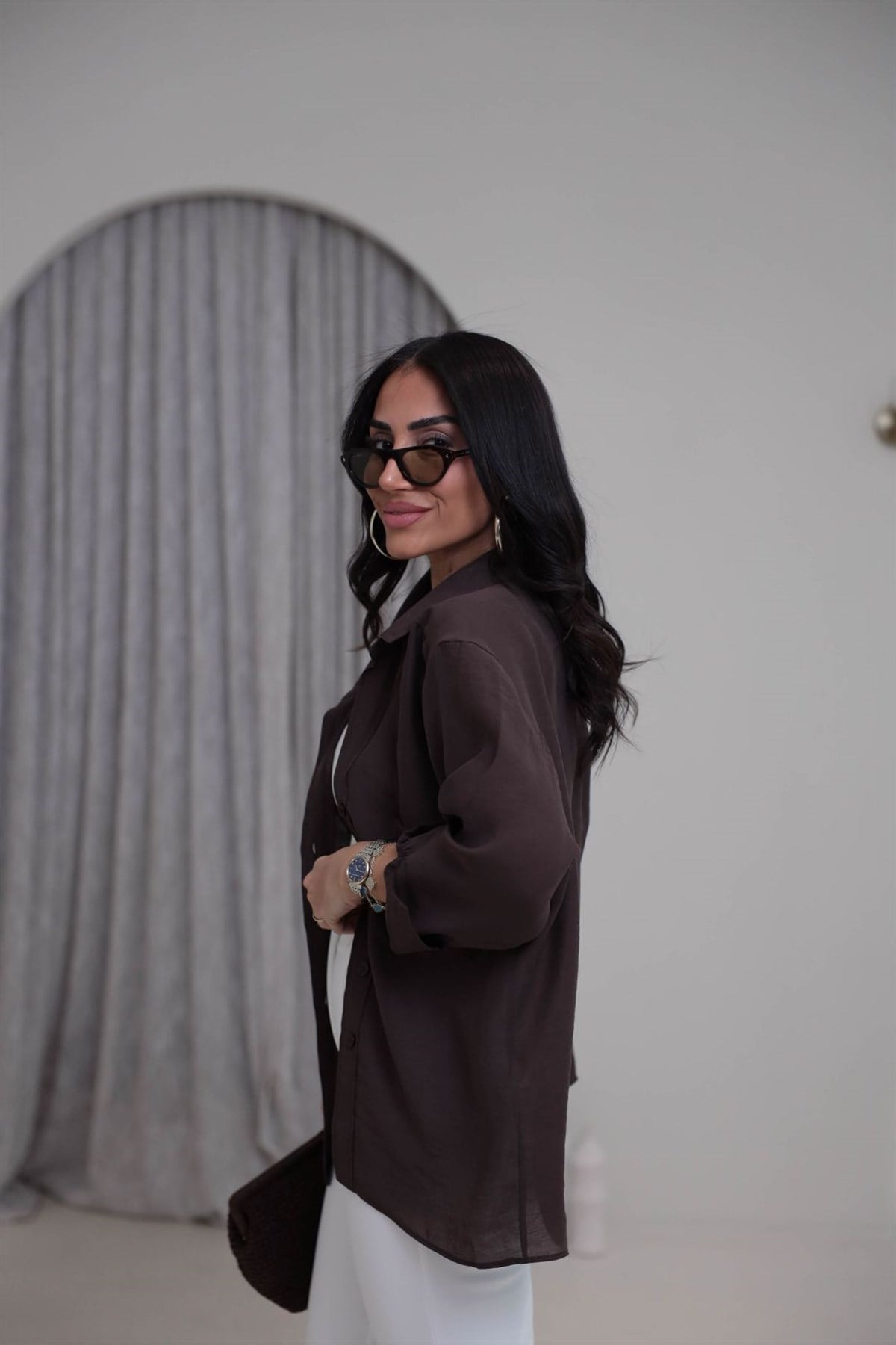 4612Y Tencel Omzu Düşük Oversize Gömlek KAHVE