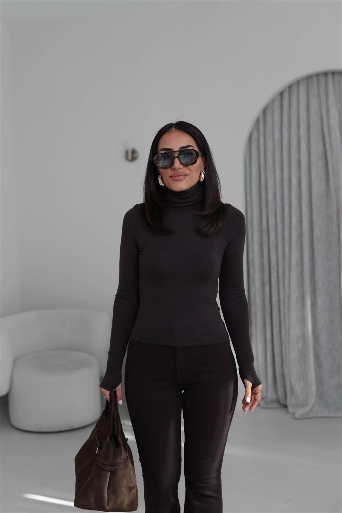 1710 Kolu Yırtmaçlı Balıkçı Yaka Bluz KAHVE