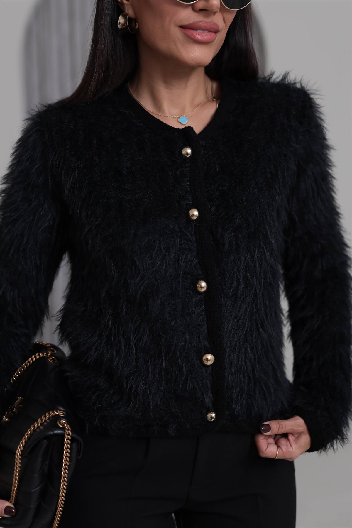 4938 Gold Düğme Detaylı Sakalı Hırka SİYAH