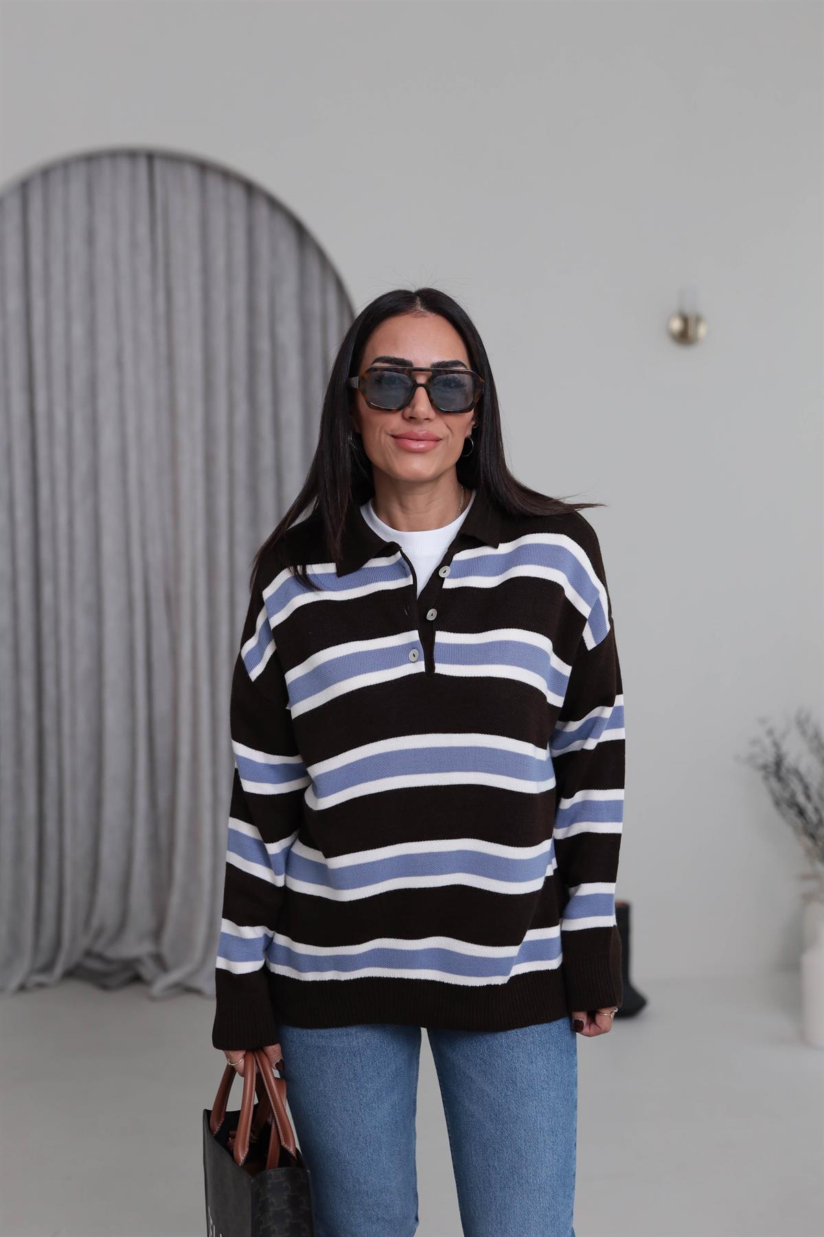 1127 Polo Yaka Şeritli Triko ACI KAHVE