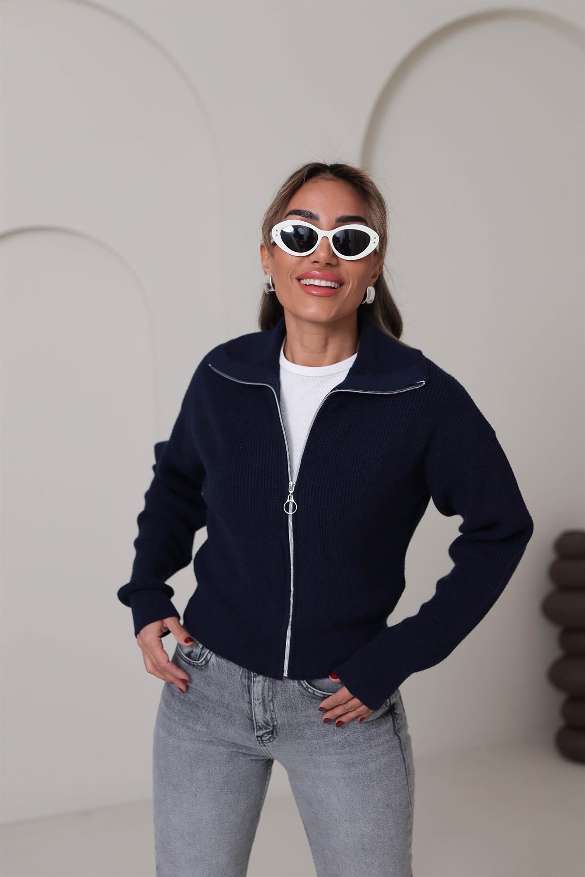 1054 Fermuarlı Yakalı Hırka LACİVERT