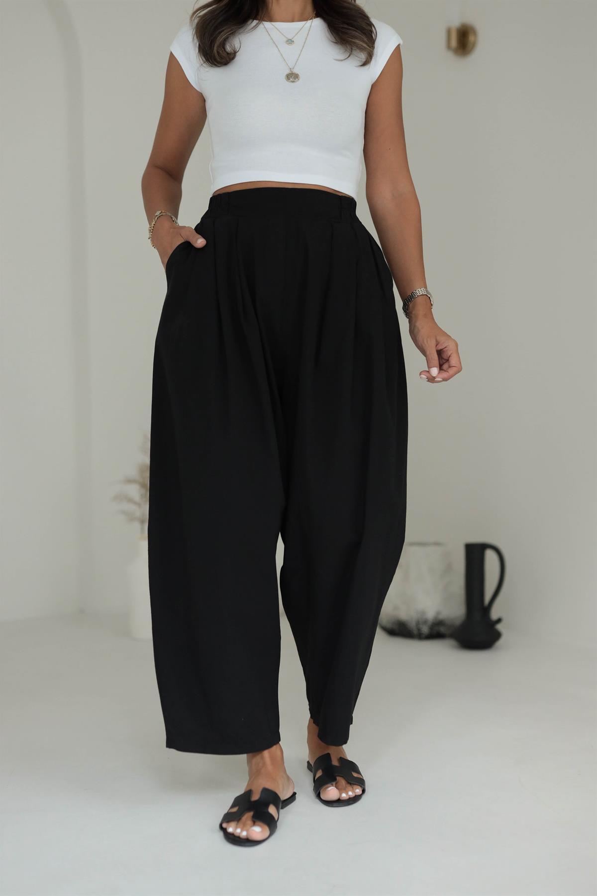 1518 Önden Pileli Salaş Pantalon SİYAH