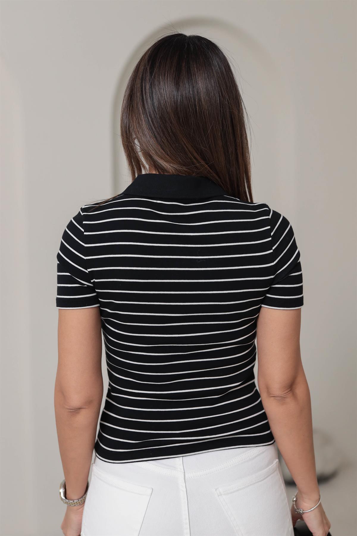 1464 Polo Yaka Çizgili Kısa Kol Triko SİYAHBEYAZ