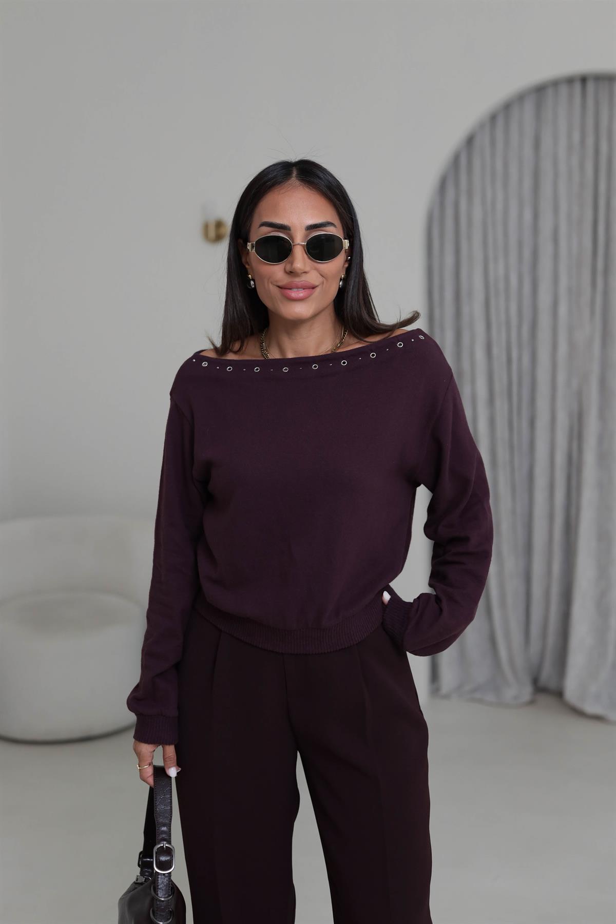 Kayık Yaka Kuşgözü Detay Orj Yumoş Bluz MÜRDÜM