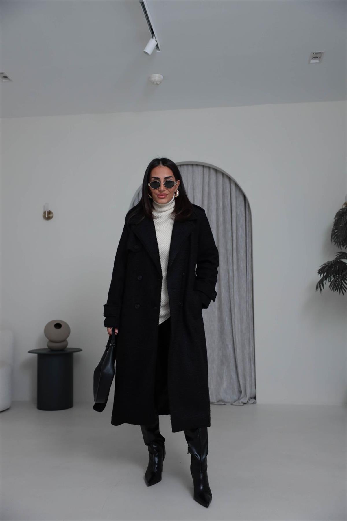 0611 Kuşaklı Apoletli Kaşe Kaban SİYAH