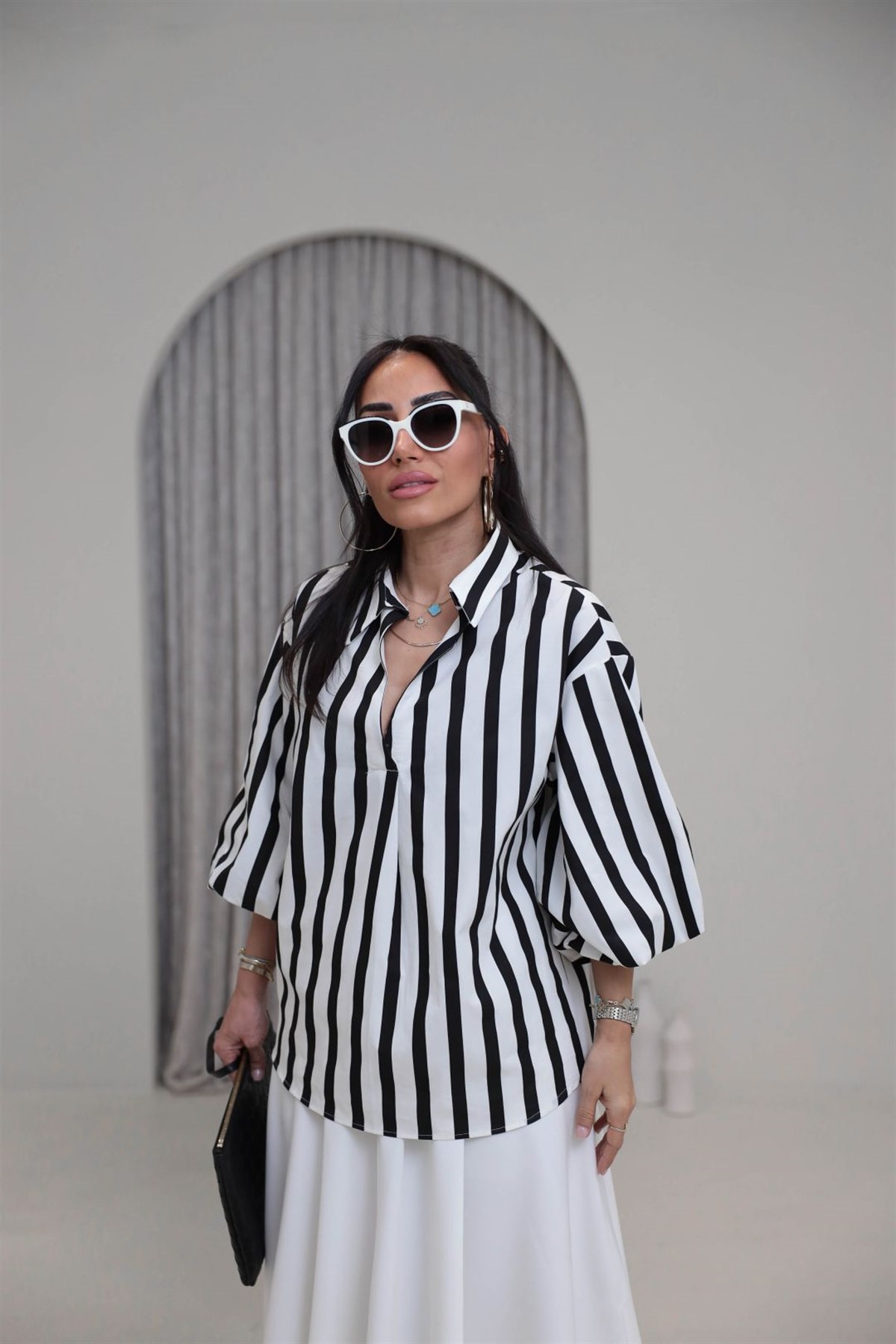 2288 Gömlek Yaka Balon Kol Çizgili Poplin Bluz SİYAHBEYAZ