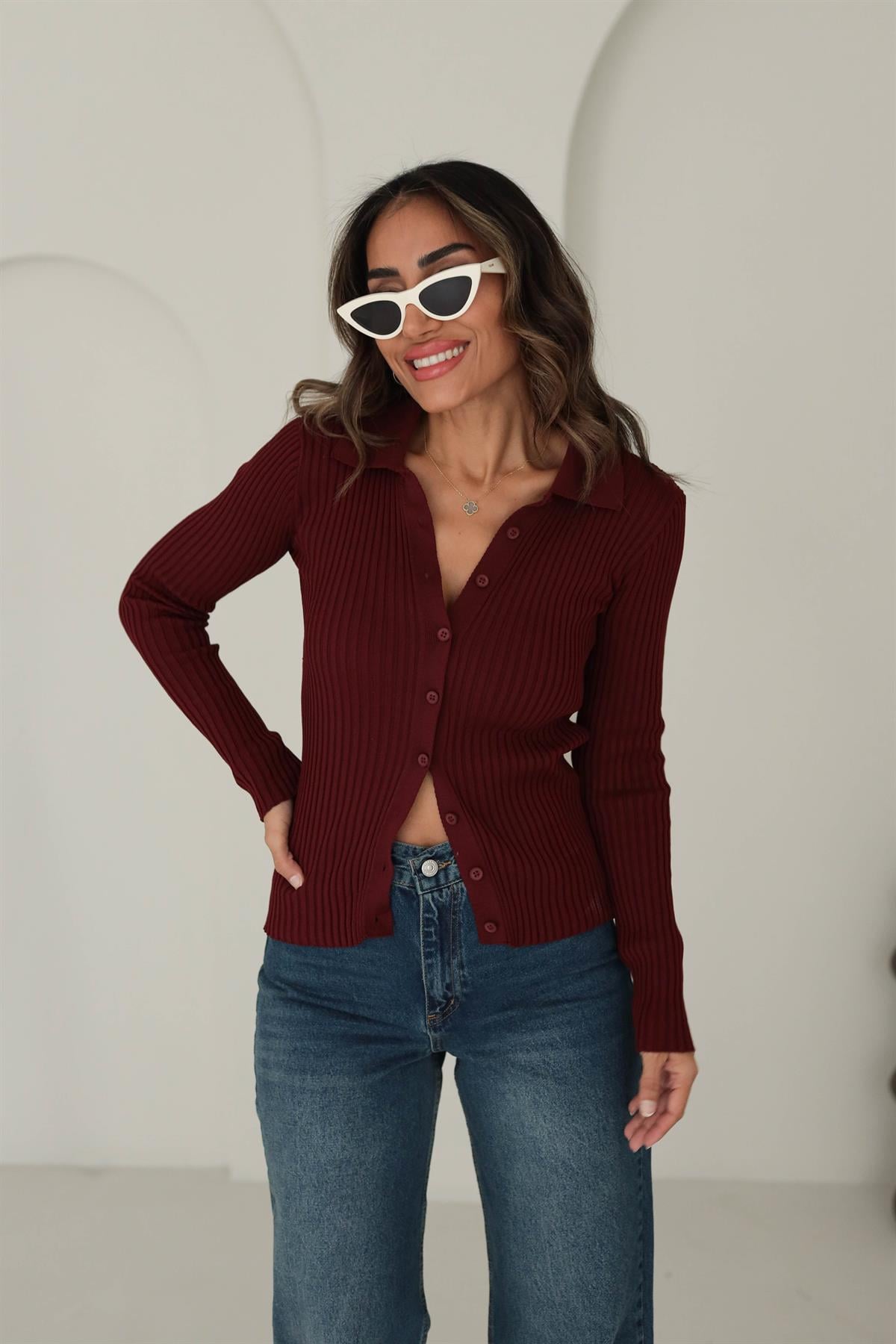 0701 Polo Yaka Fitilli Triko Hırka BORDO