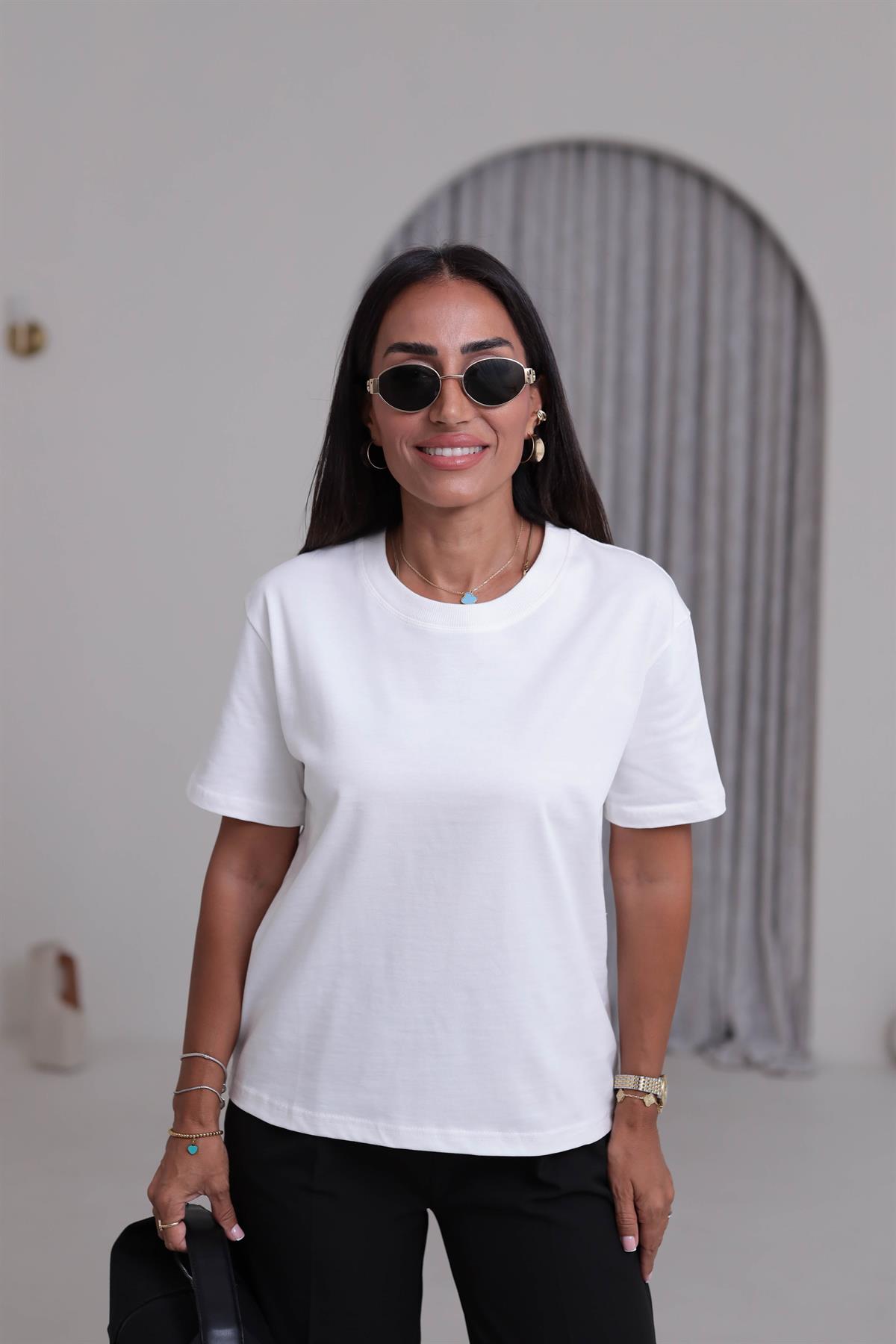 30312 Dekoratif Dikişli Bisiklet Yaka Tshirt EKRU