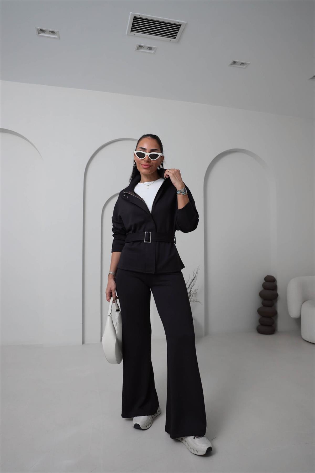 8616 Fermuarlı Kuşaklı Çıtçıt Detaylı Modal Takım ACI KAHVE