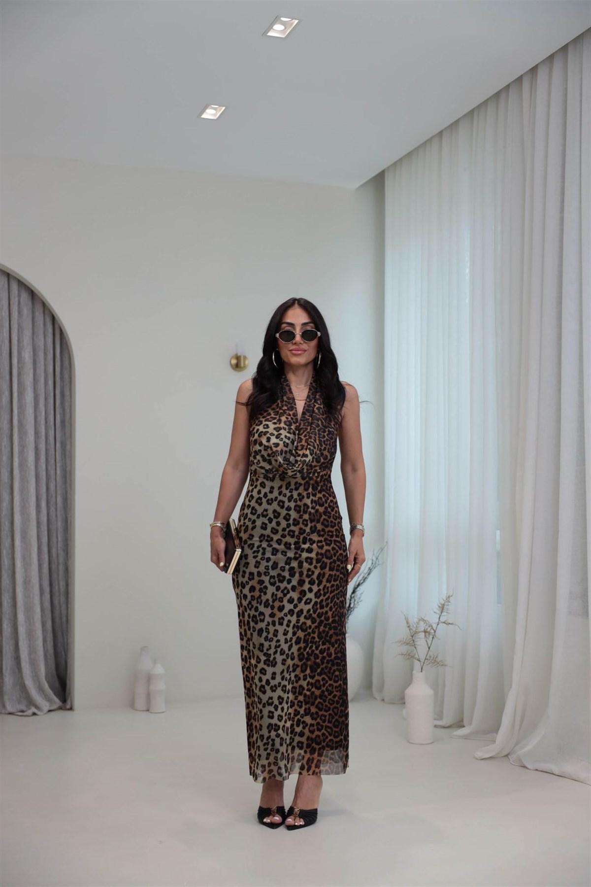 0006 Boyundan Geçişli Degaje Yaka Leopar Tül Elbise LEOPAR