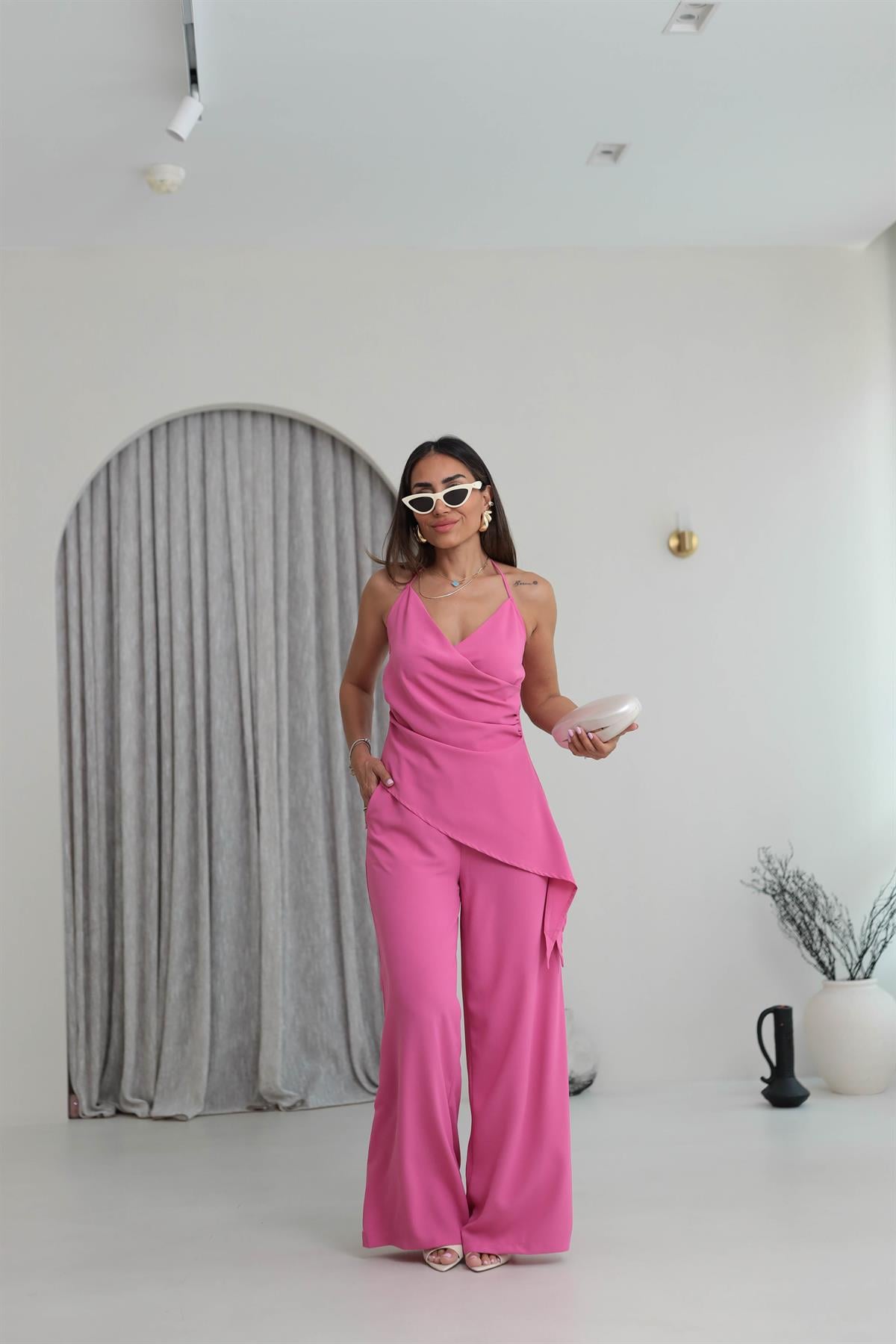 0509 Drapeli Asimetrik Kesim Takım FUŞYA