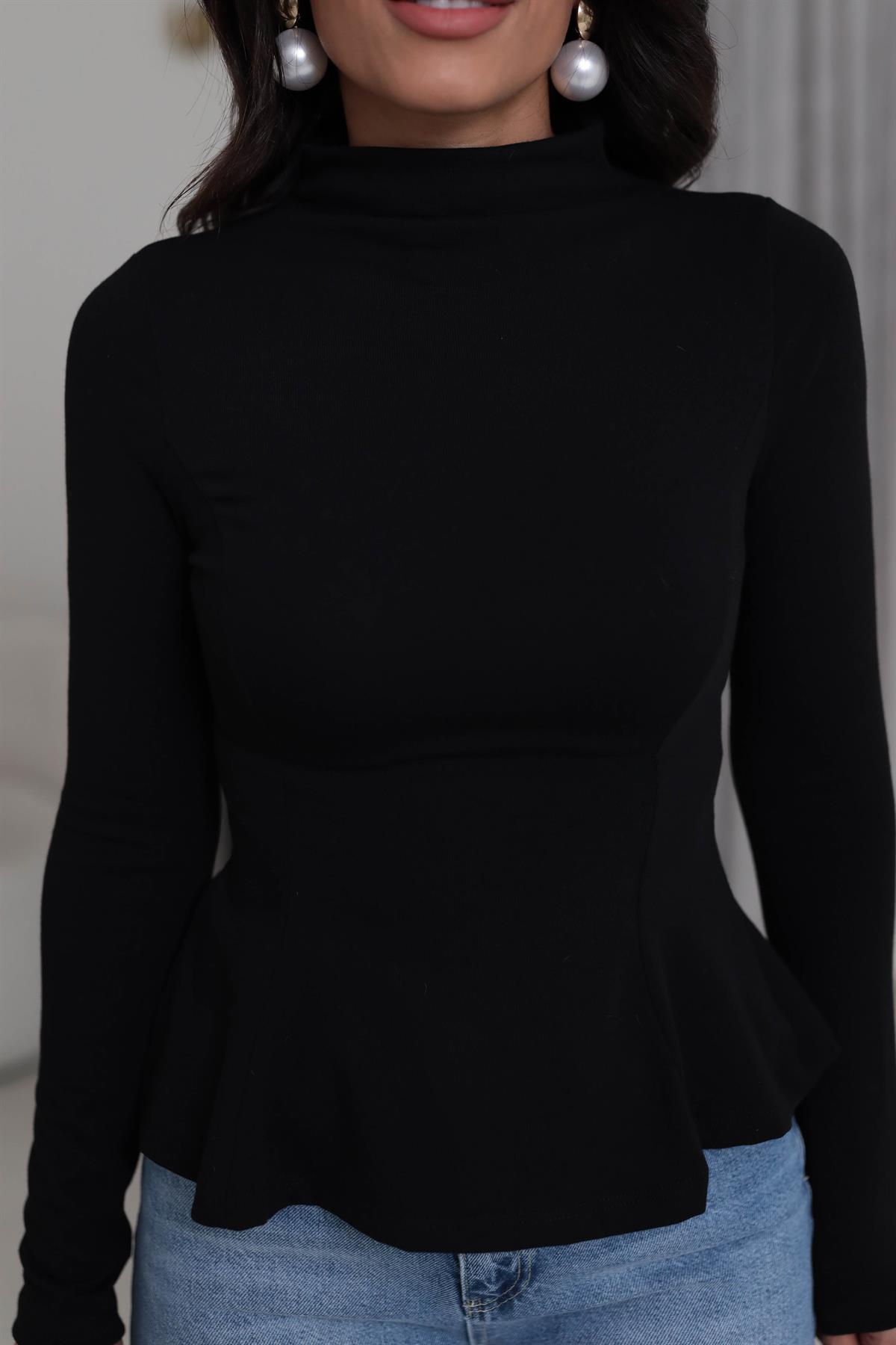 2038 Uzun Kollu Peplum Bluz SİYAH