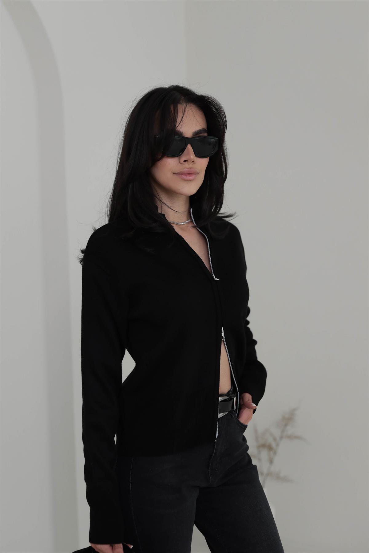 1042 Dik Yaka Çift Fermuarlı Triko Hırka SİYAH