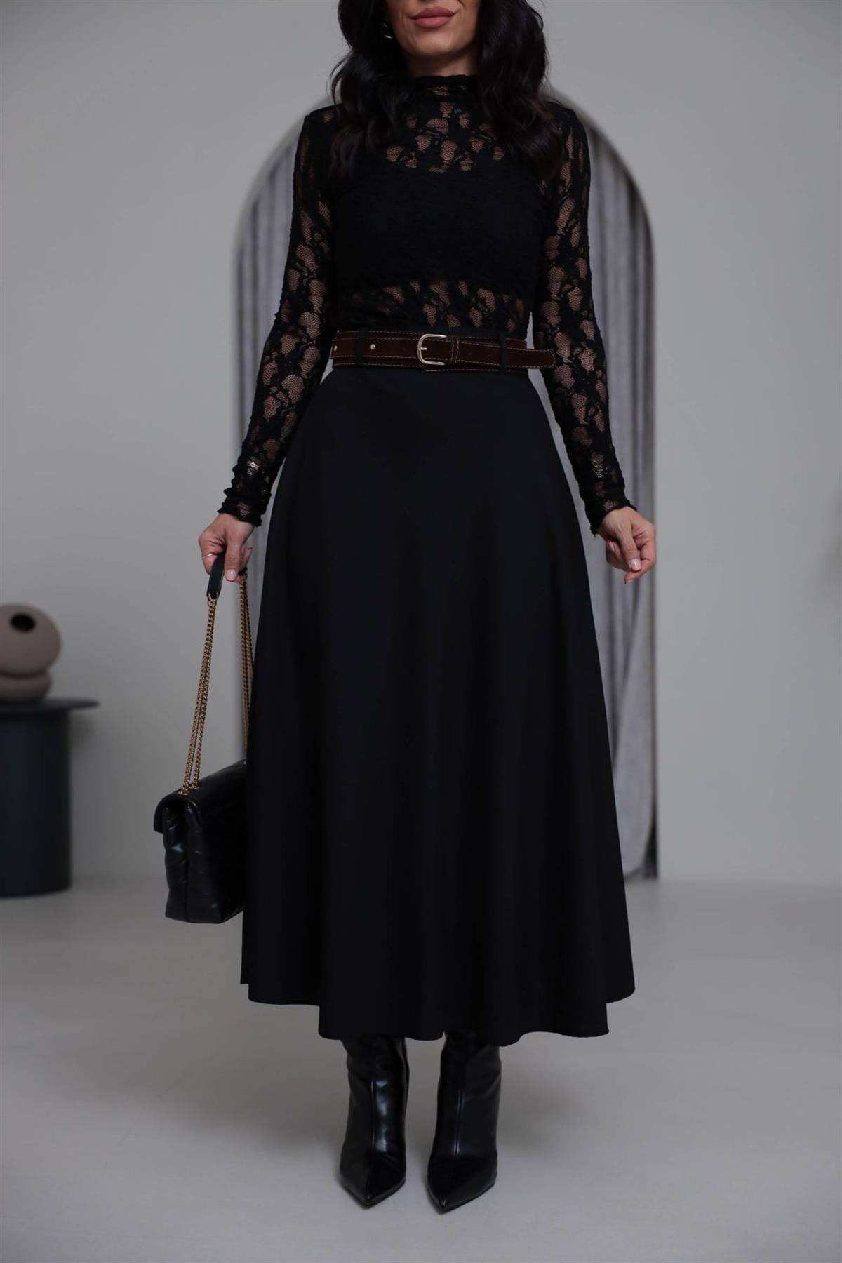 0647 Süet Kemerli Kloş Etek SİYAH