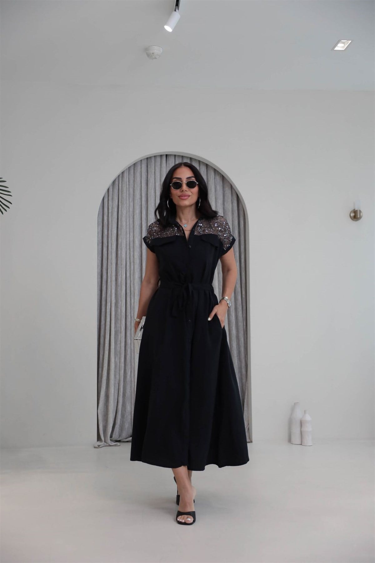7184 Pul ve File Detaylı Tencel Kumaş Elbise SİYAH