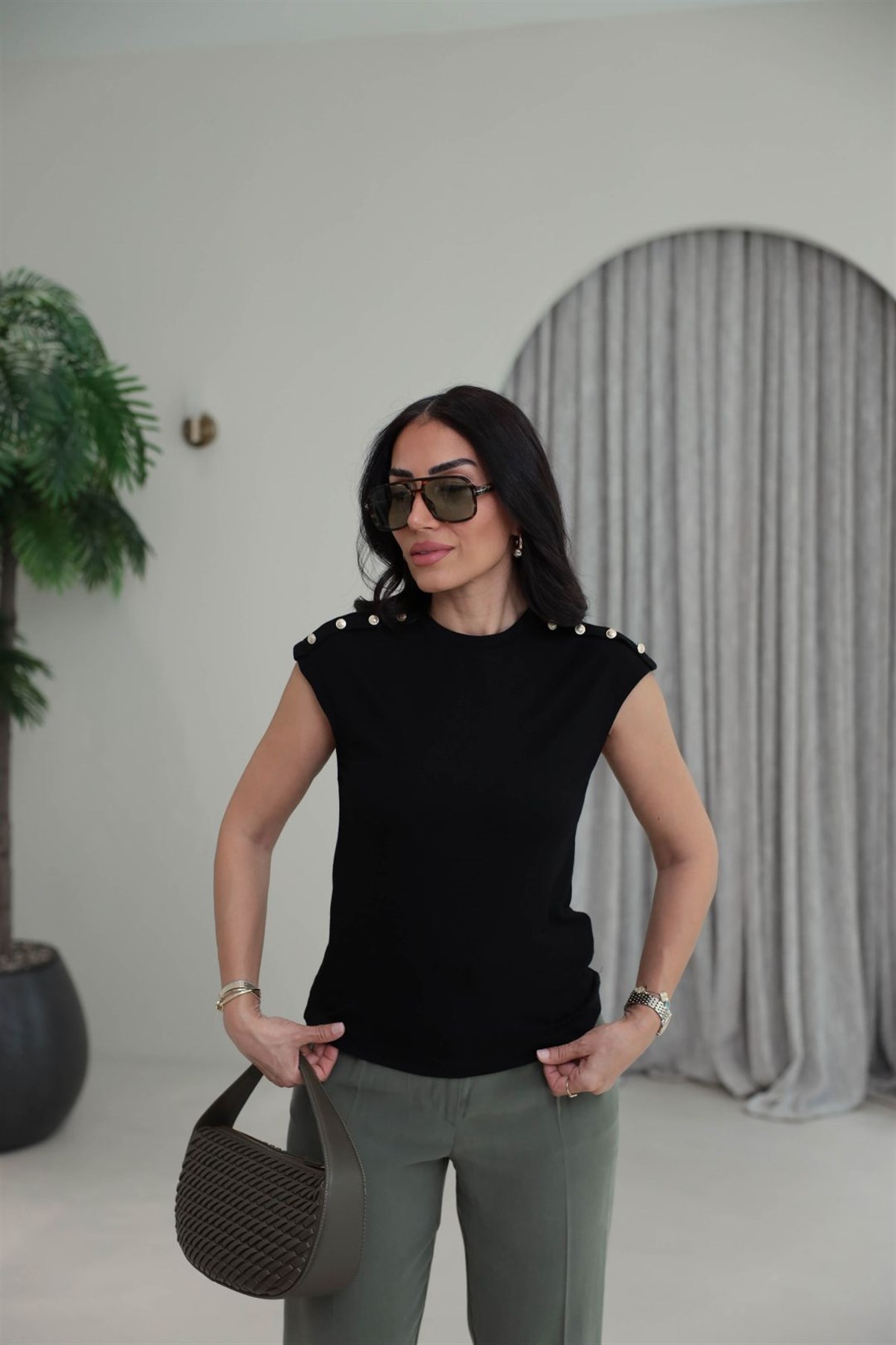 8483 Omuz Düğmeli Modal Massi Bluz SİYAH