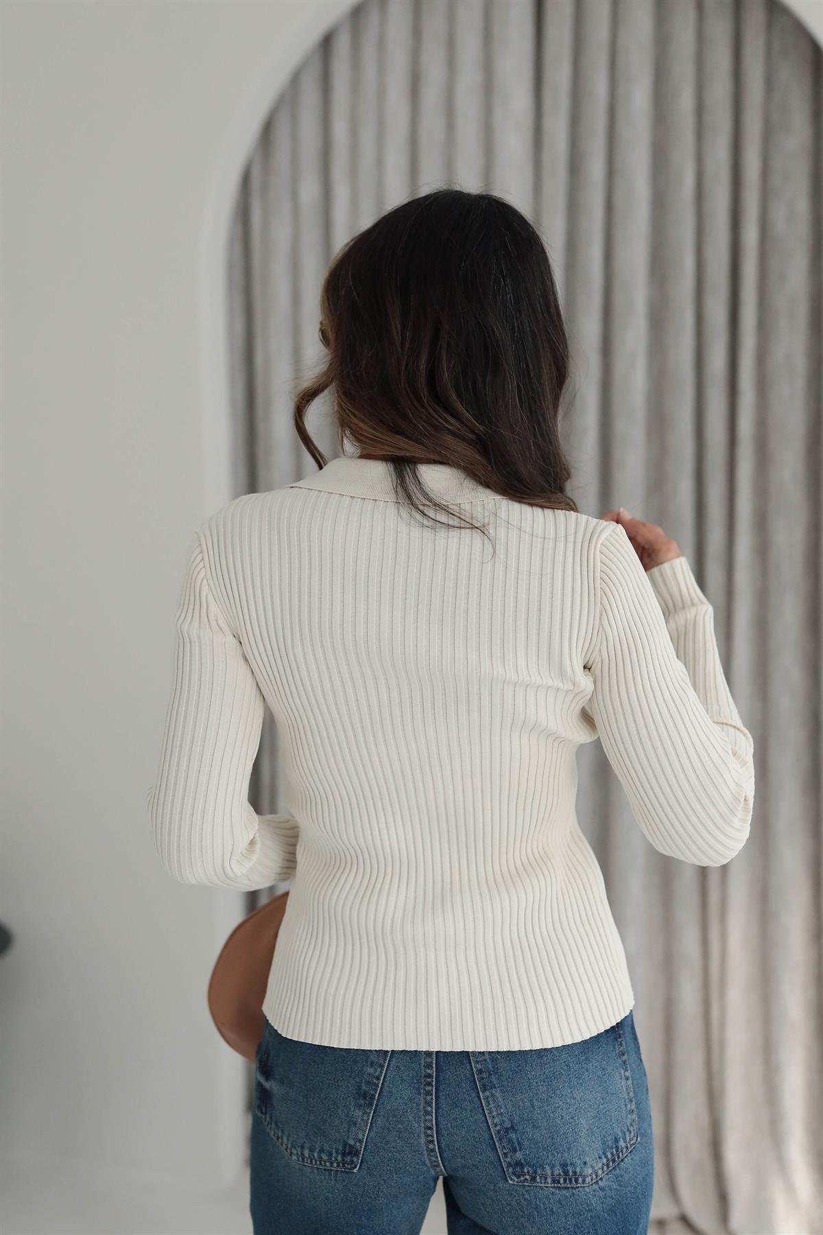 0701 Polo Yaka Fitilli Triko Hırka TAŞ