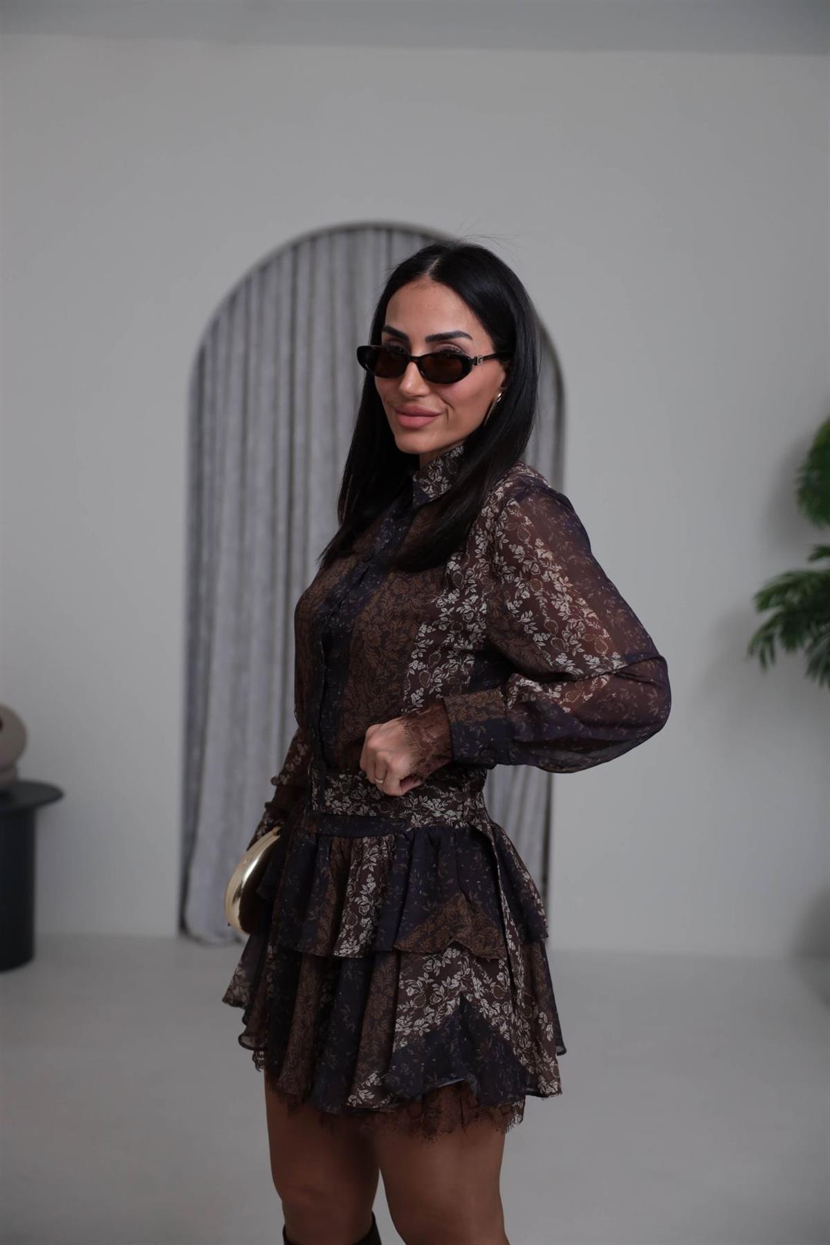 5539 Kol ve Etek Ucu Güpürlü Gömlek Yaka Şifon Elbise DESENLİ