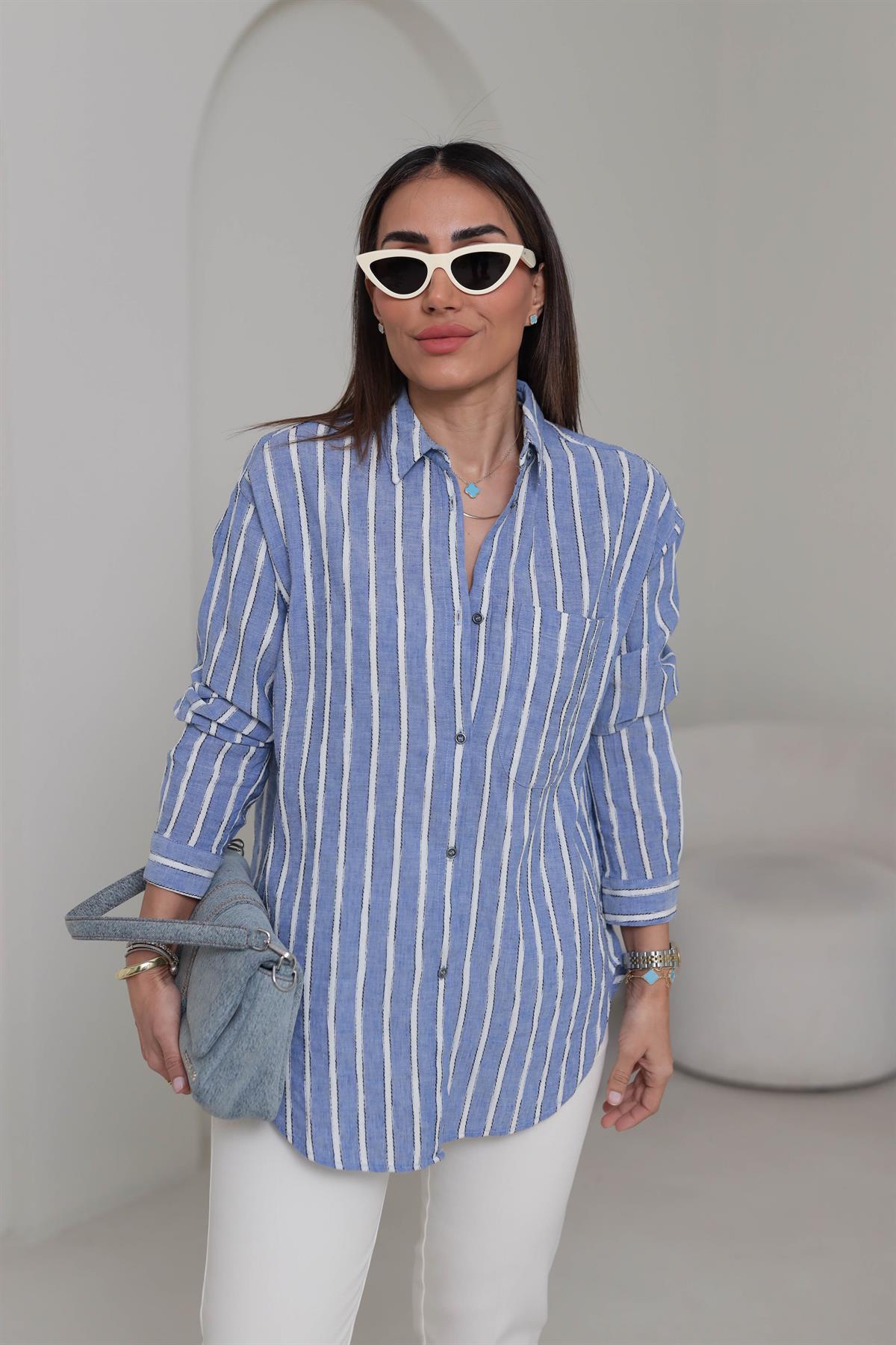 4373 Cep Detaylı Çizgili Keten Gömlek MAVİBEYAZ