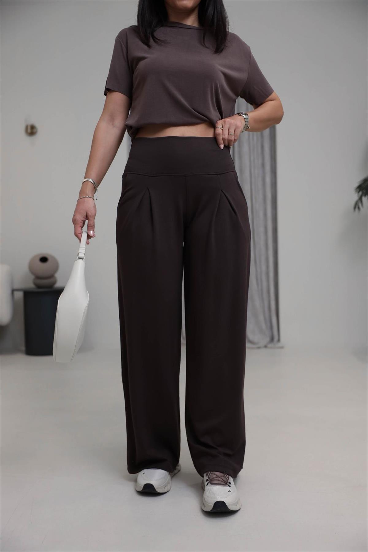 1202 Lulu Geniş Kemerli Piliseli Modal Pantolon KAHVE