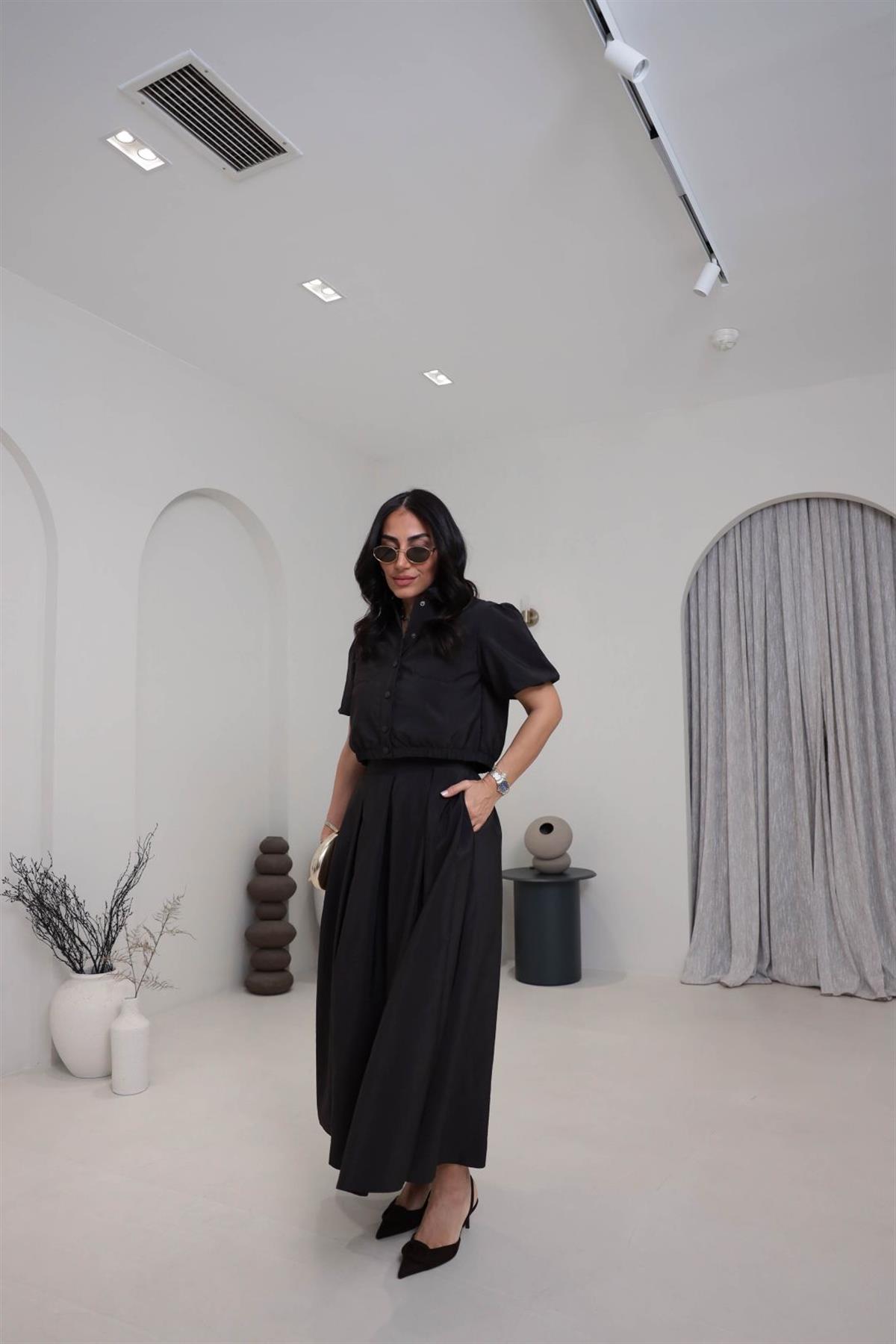 8075 Dokuma Cepli Gömlek Etek Takım KAHVE