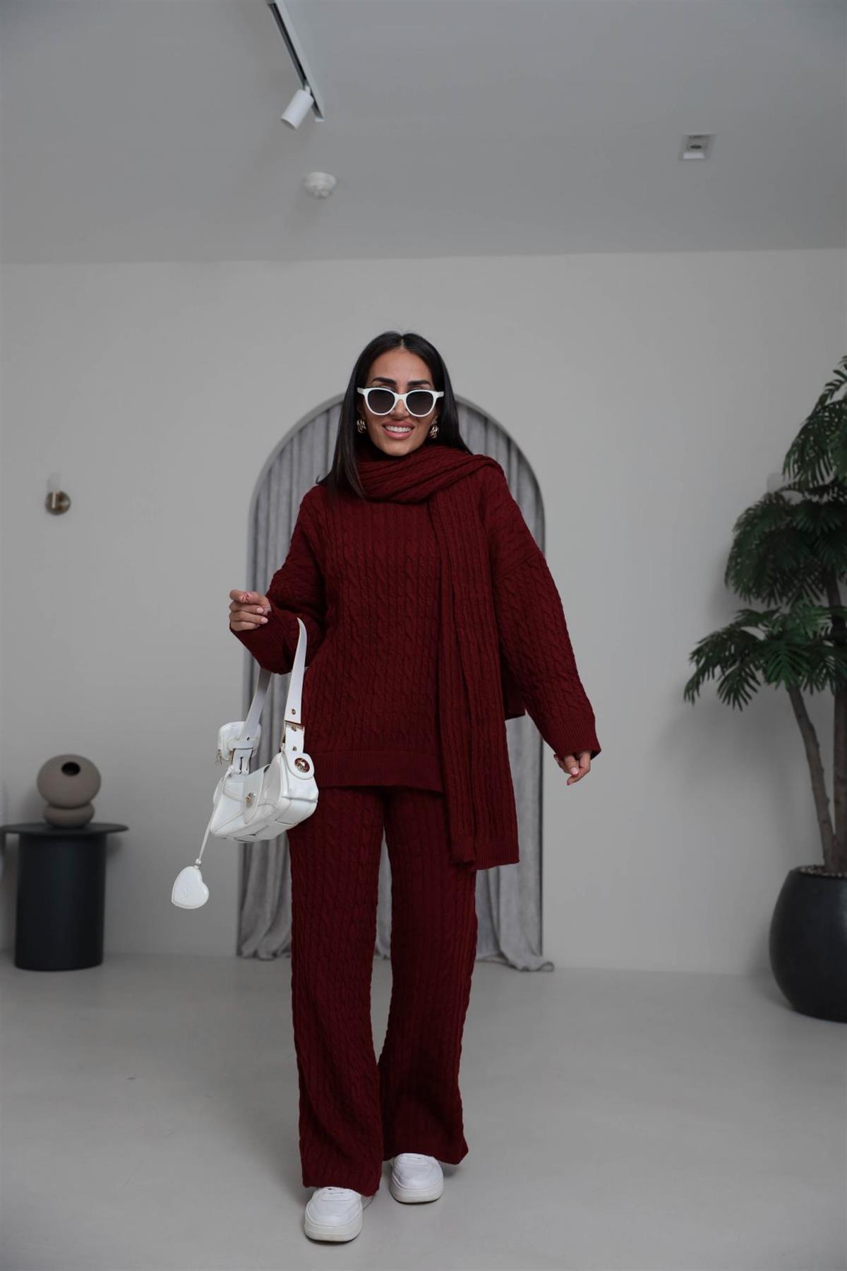2464 Şal Detaylı Üçlü Triko Takım BORDO