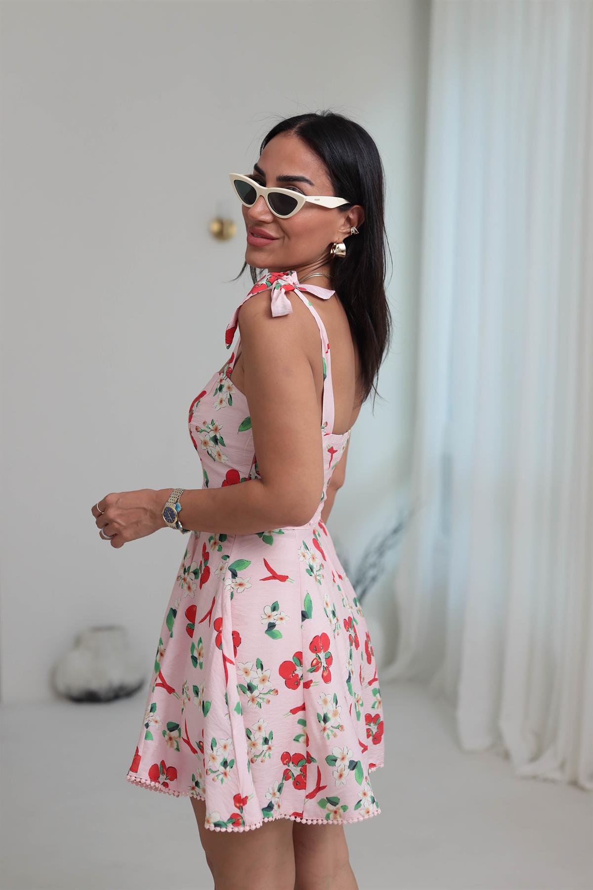 0408 Askıları Bağcıklı Desenli Elbise PEMBE