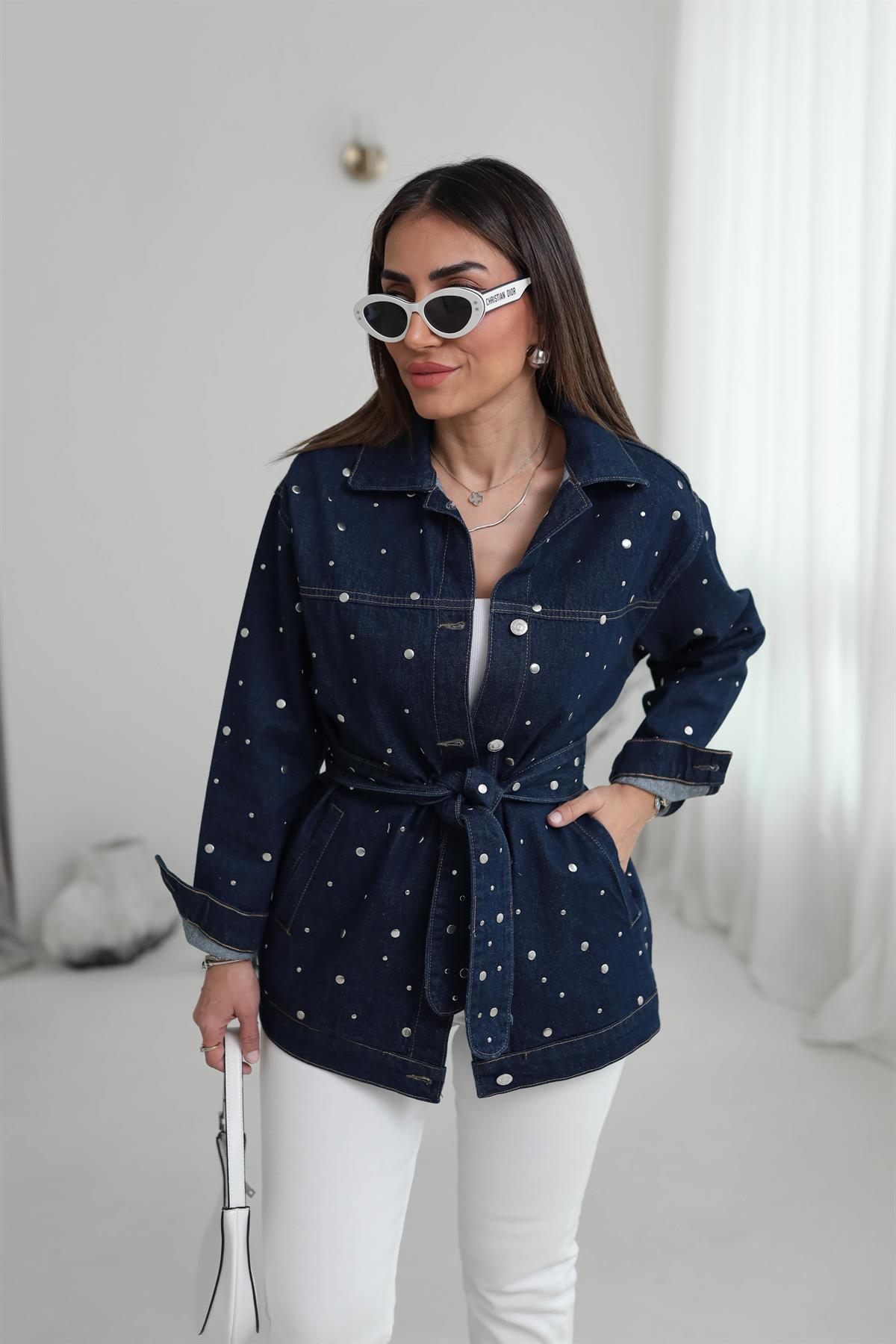 5808 Bel Kuşaklı Droplu Jean Ceket KOYU LACİ