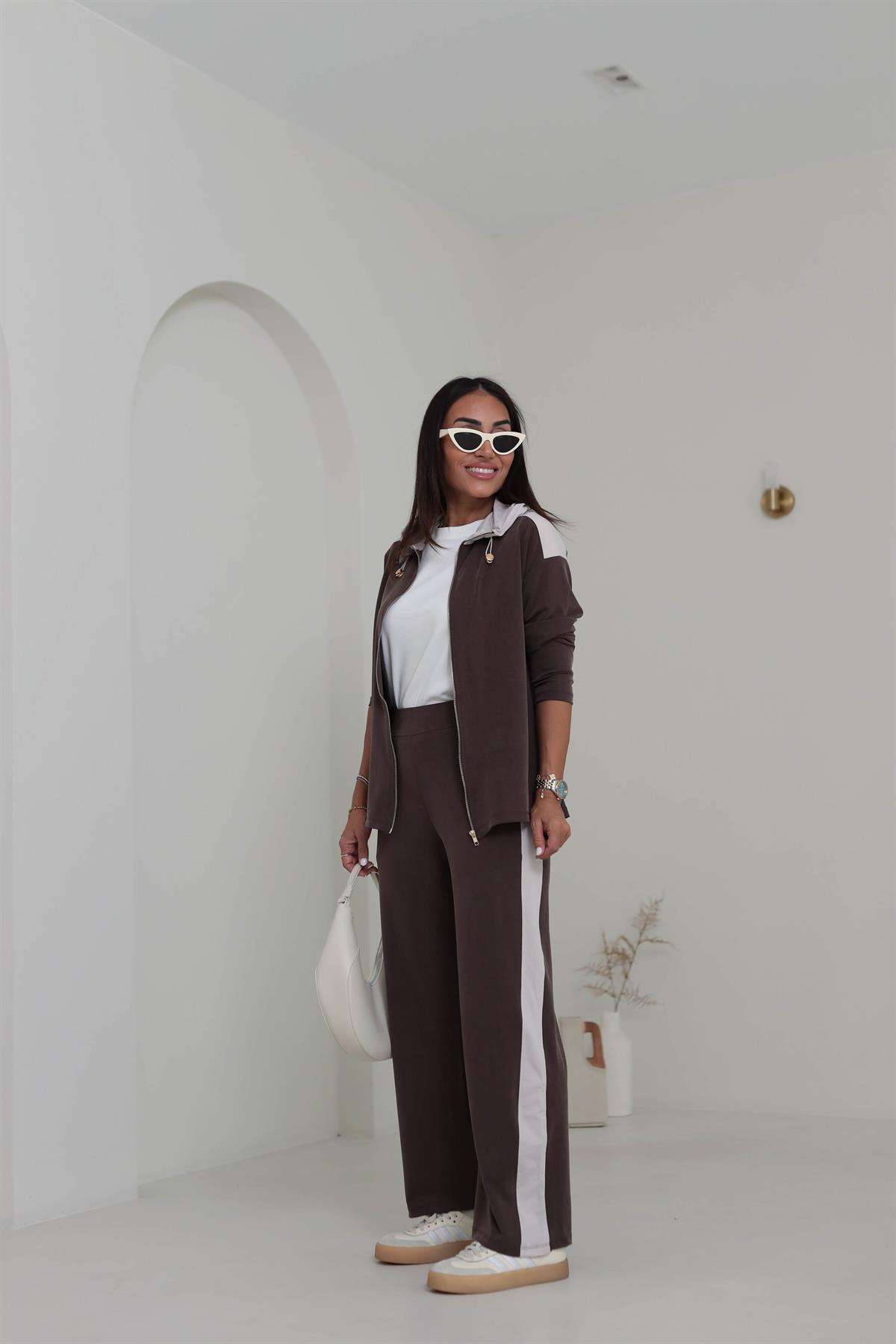 2003 Garnili Fermuarlı Kapşonlu Pike Modal Takım KAHVE