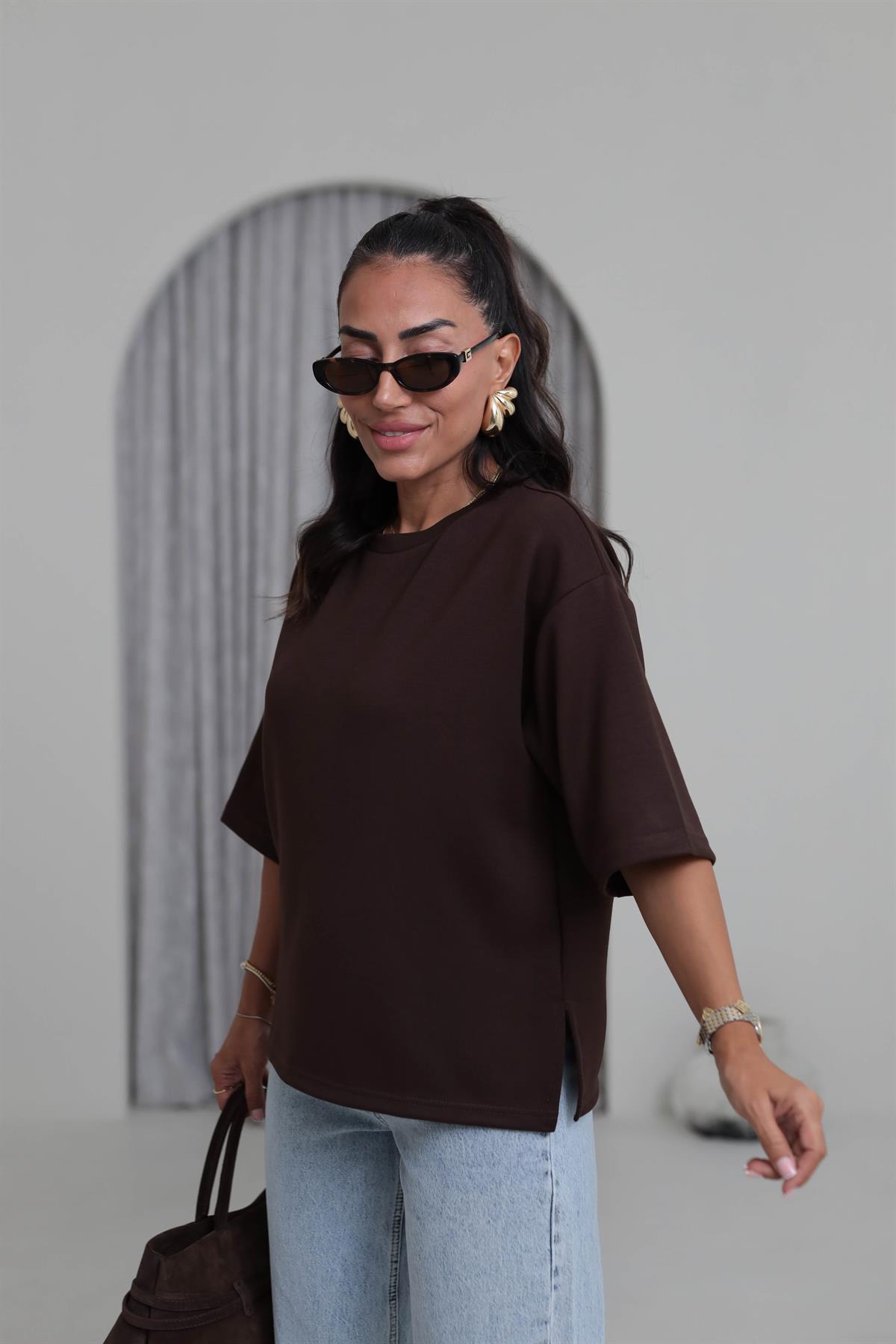 4783 Bisiklet Yaka Rahat Modal Cupra Tshirt KAHVE