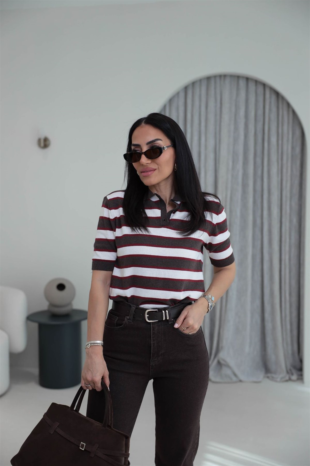 Polo Yaka Çizgili Massi Triko Bluz KAHVE
