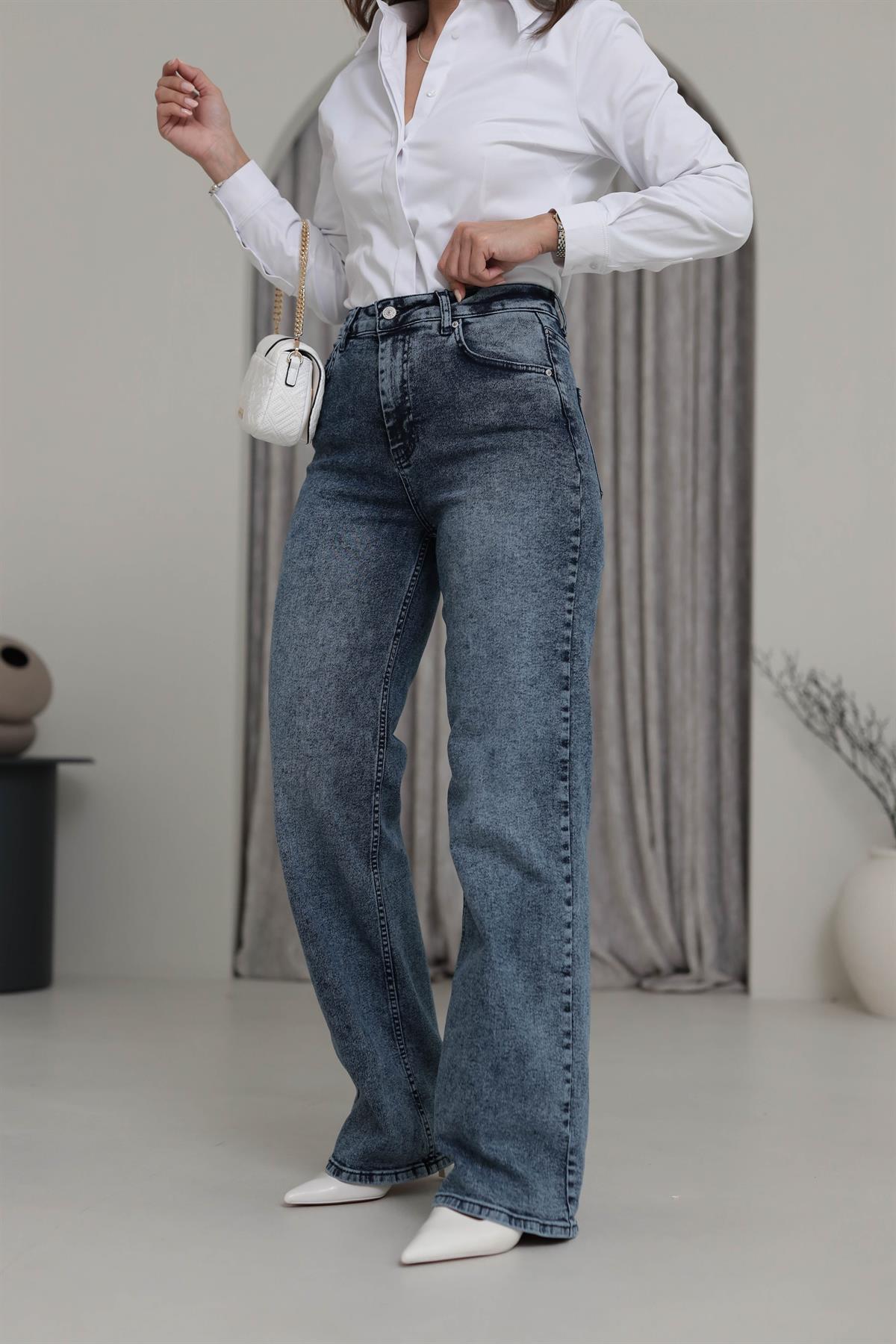 D-777 Taşlamalı Palazzo Jean MAVİ