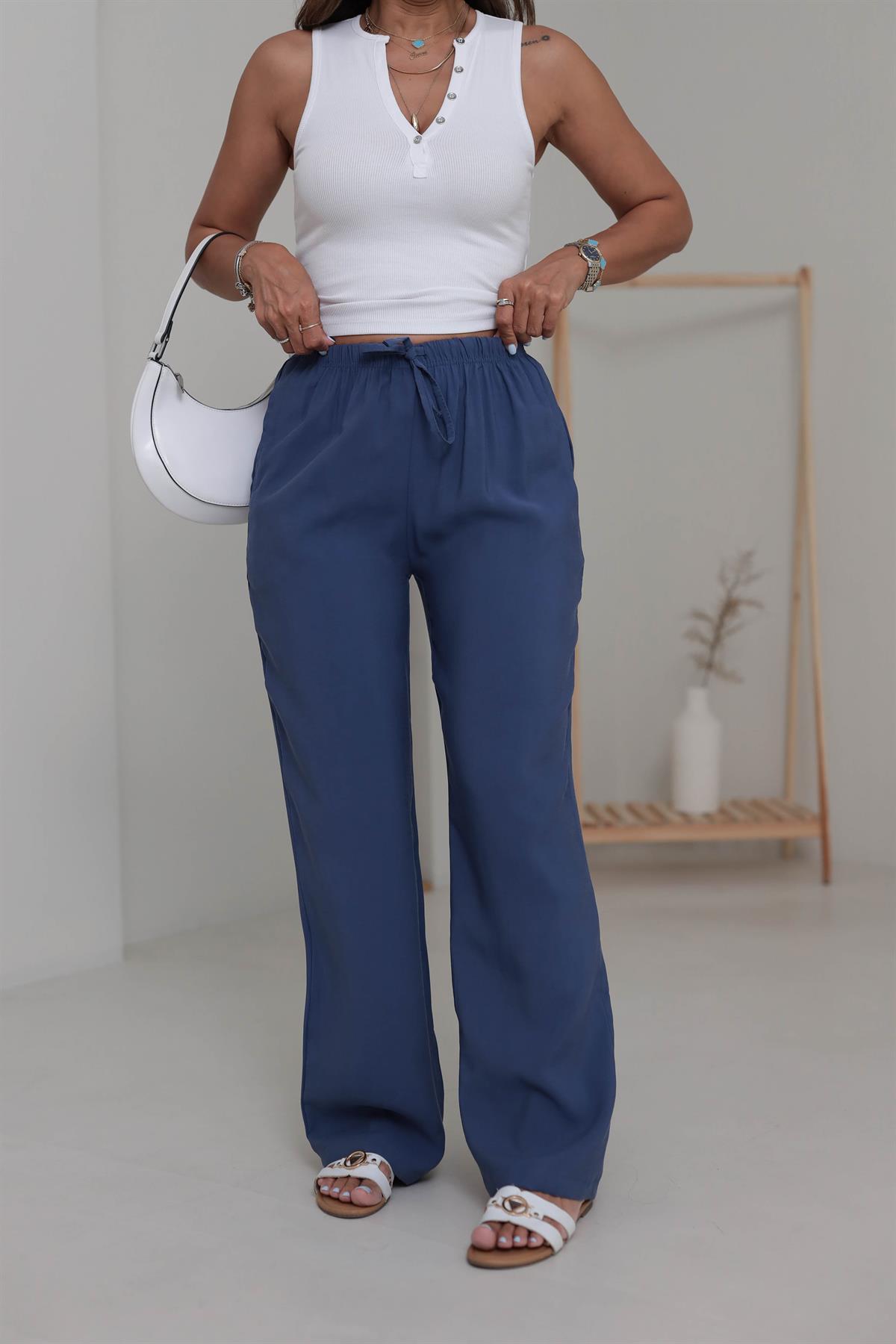 Beli Lastikli Bağcıklı Tencel Pantolon Indigo
