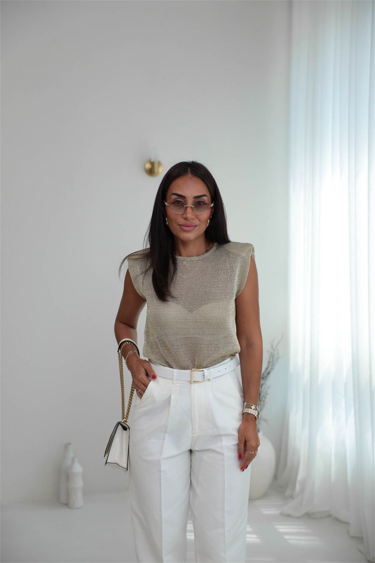 2816 Vatkalı Simli Tiriko Bluz GOLD