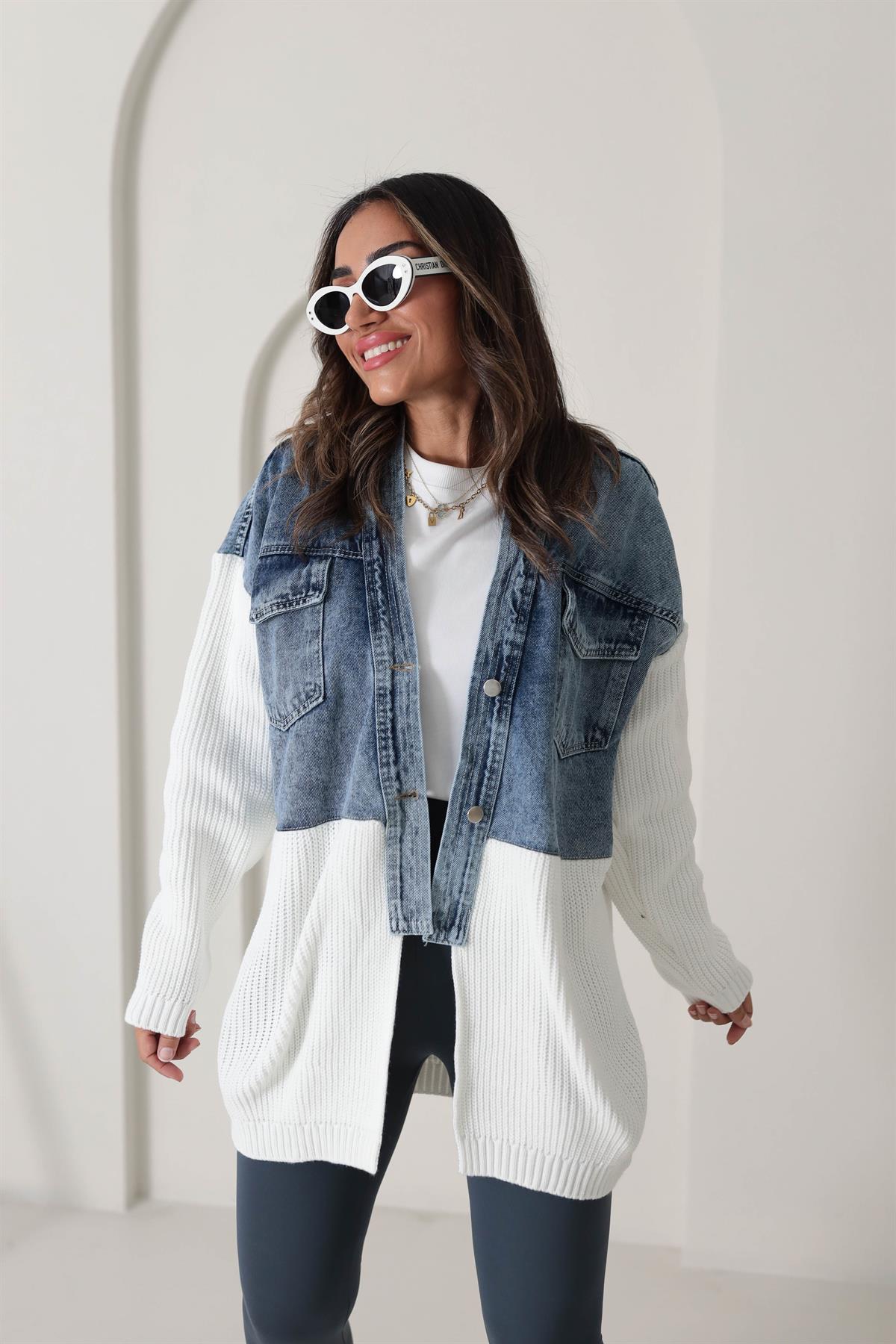 4139 Tasarım Triko ve Kot Garnili Ceket Hırka EKRU