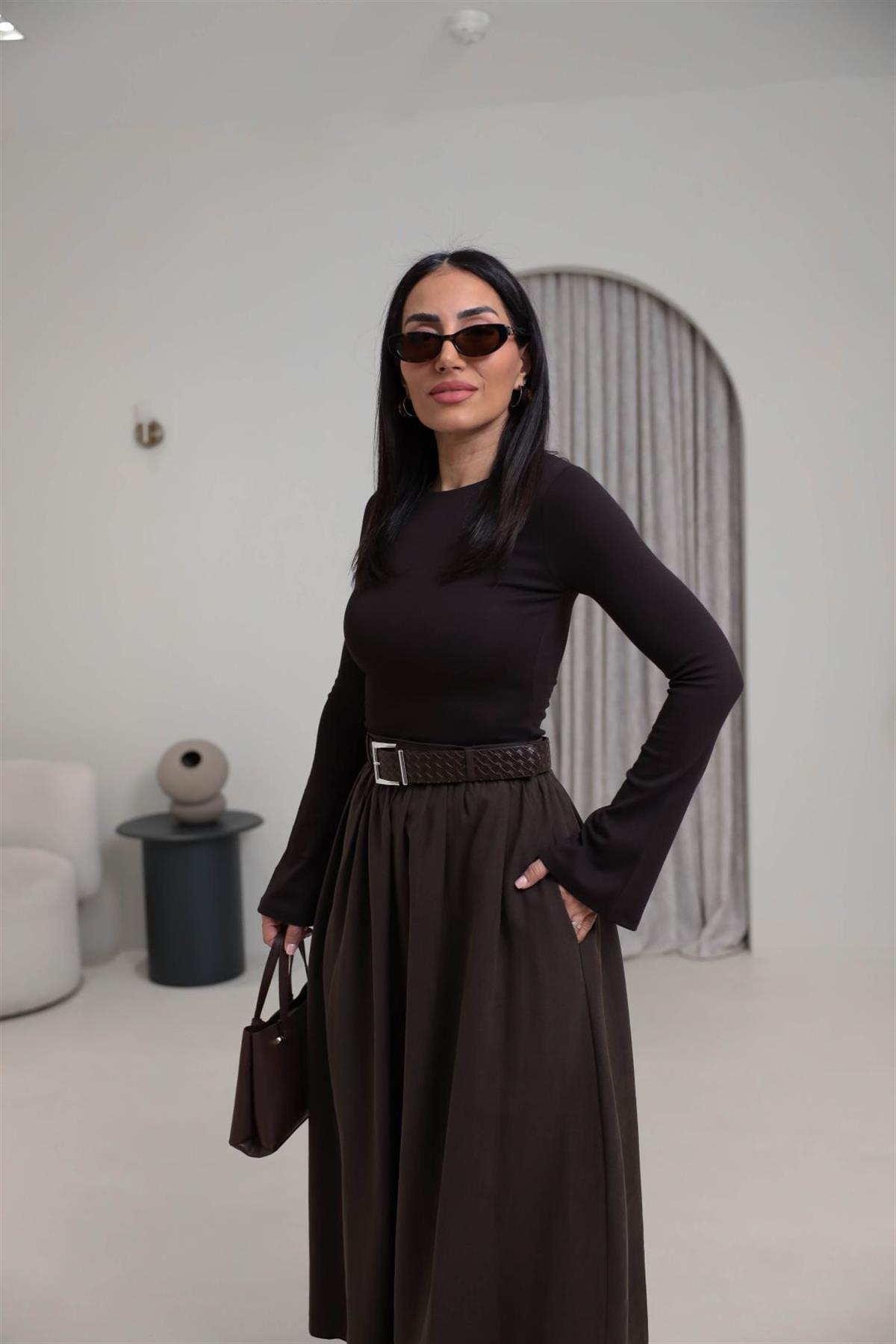 2284 Modal Penye İspanyol Kol Bluz KOYU KAHVE