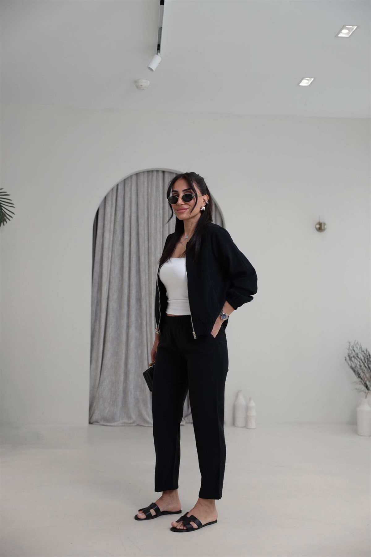 7132 Fermuarlı Tok Tencel Ceket Pantolon Takım SİYAH