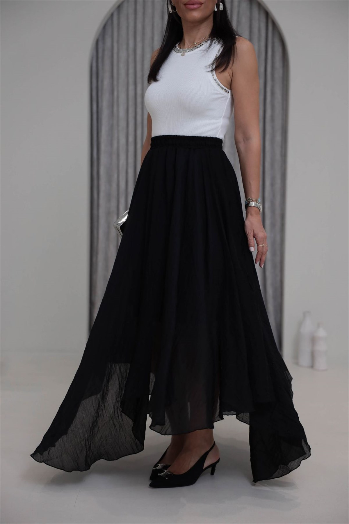 1022 Kraşlı Bel Lastikli Asimetrik Etek SİYAH