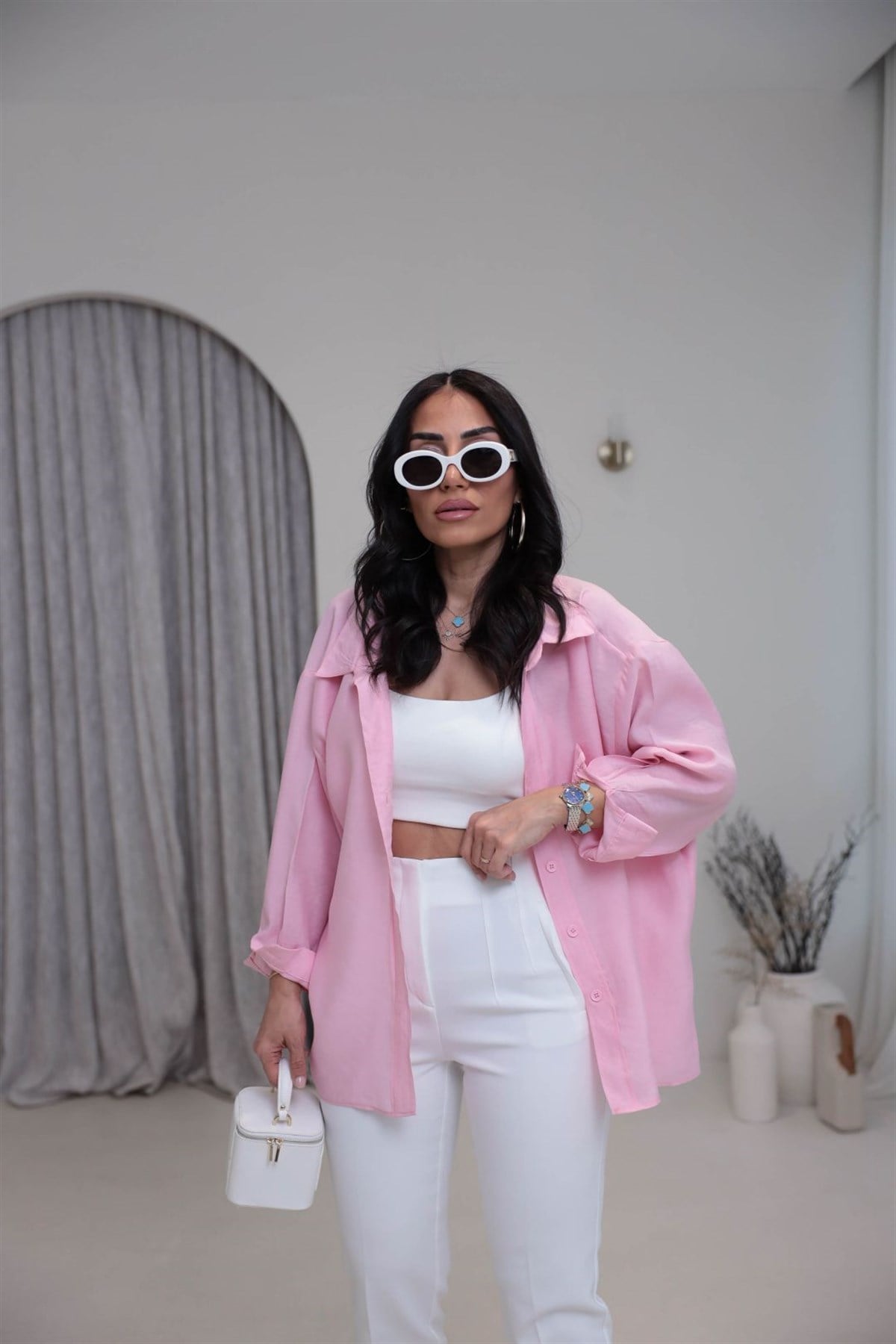 4612Y Tencel Omzu Düşük Oversize Gömlek ŞEKER PEMBE