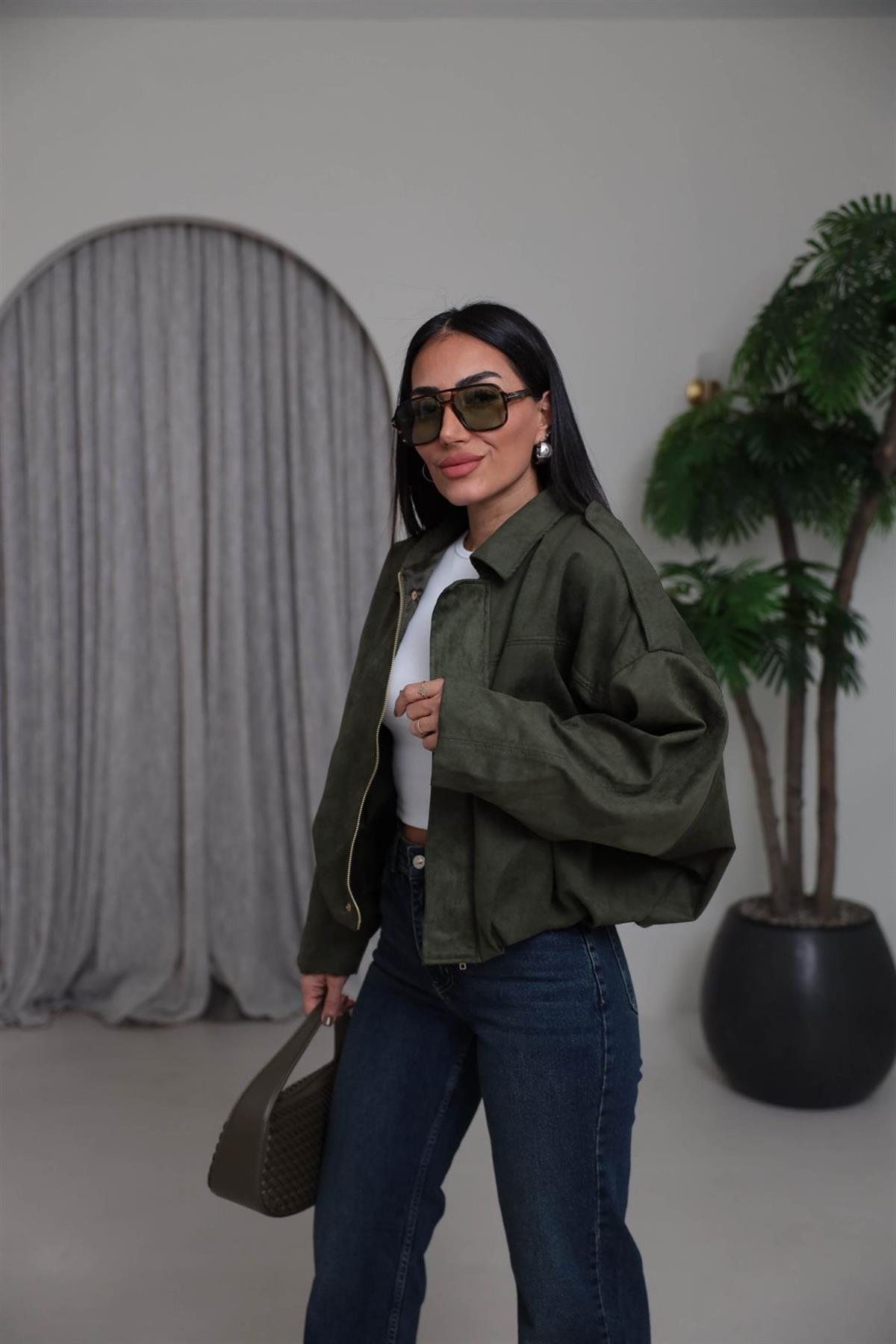 0493 Gömlek Yaka Apoletli Süet Bomber HAKİ YEŞİL