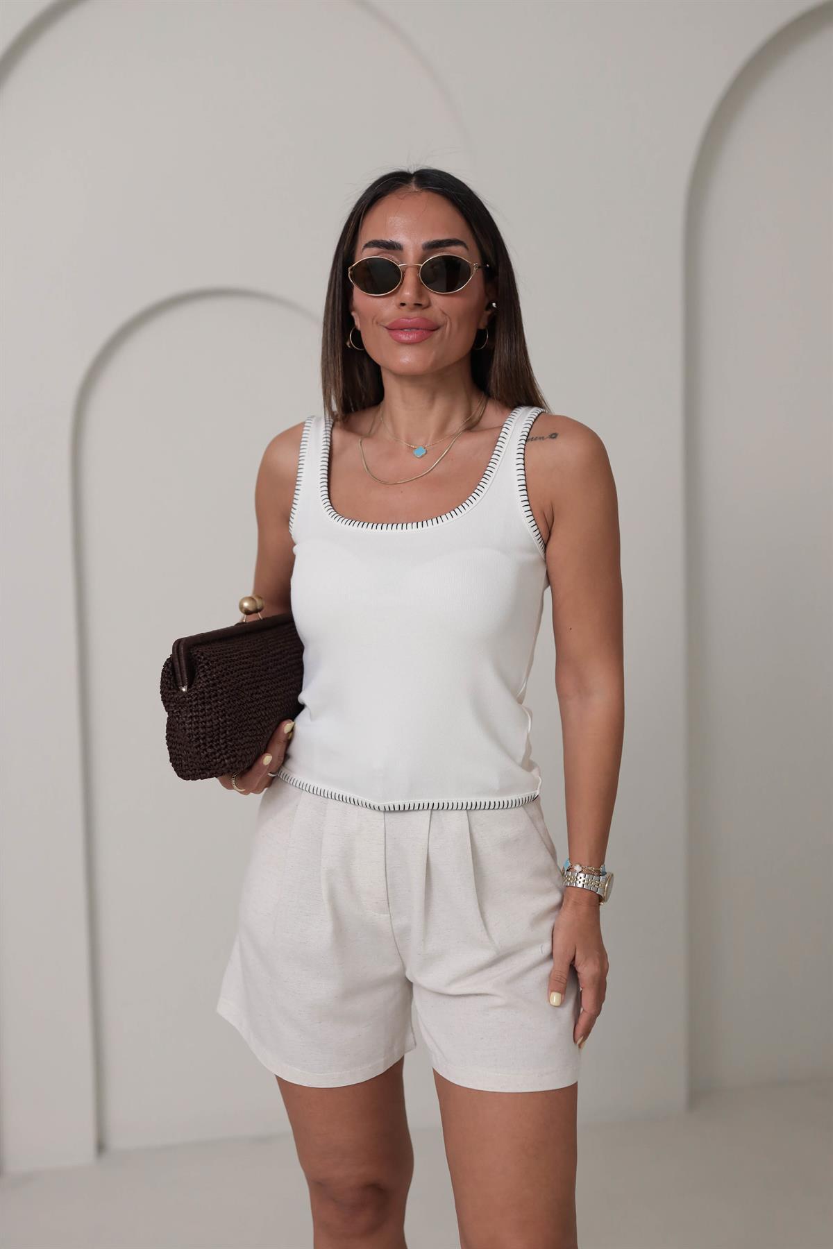 Süs Dikiş Detay İpek Triko Atlet EKRU