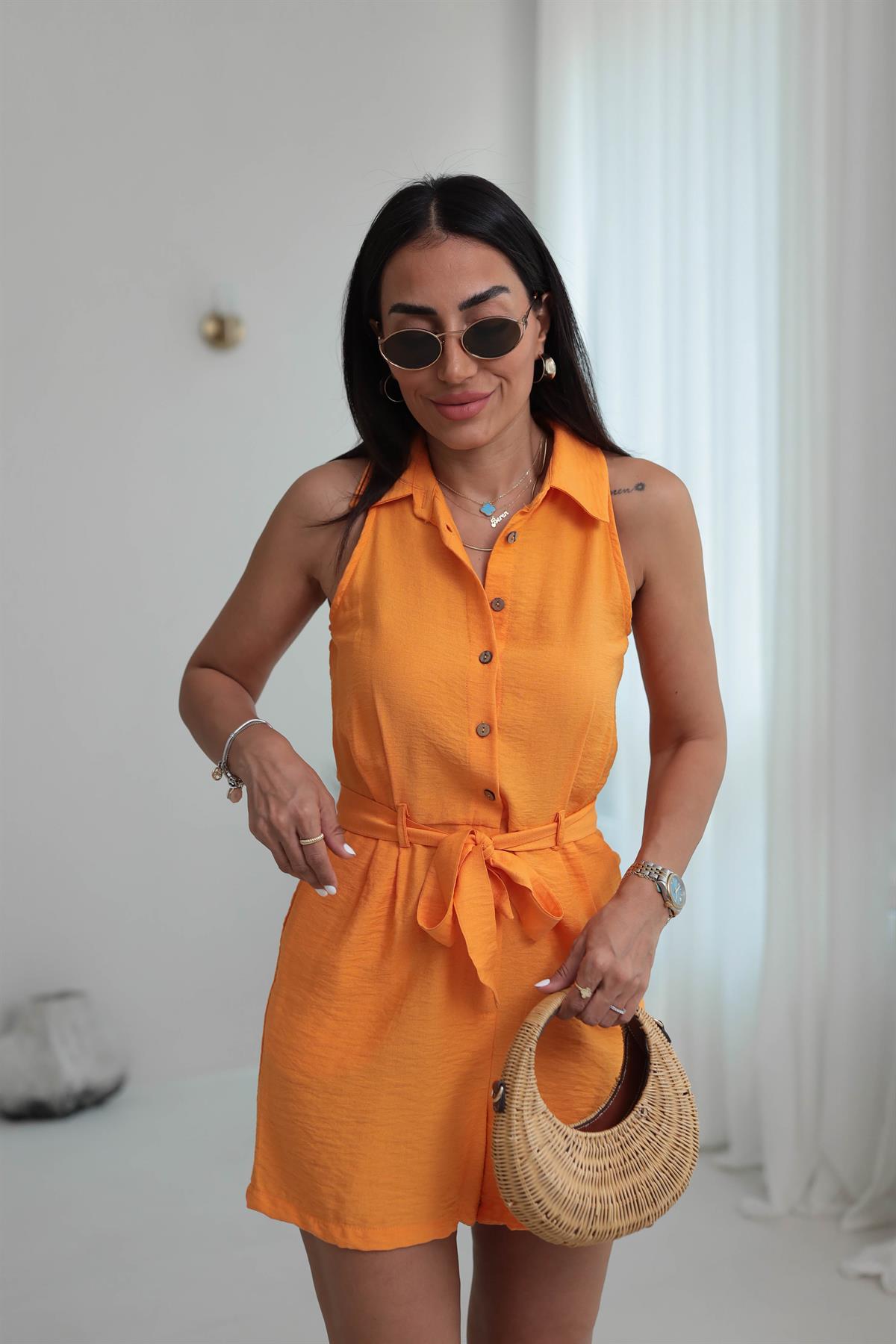 3791 Sıfır Kol Gömlek Yaka Şort Tulum ORANJ