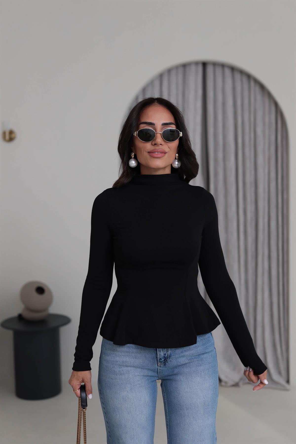 2038 Uzun Kollu Peplum Bluz SİYAH