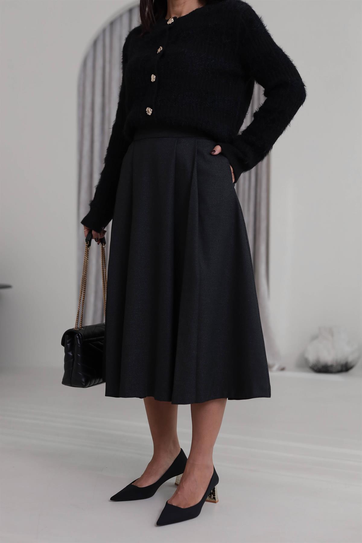 5152 Geniş Pileli Midi Etek ANTRASİT