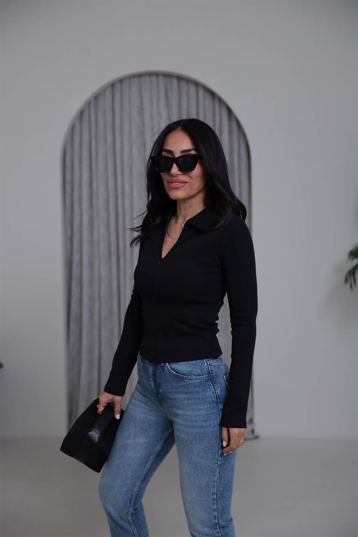 7246 Fermuar Detaylı Polo Yaka Bluz SİYAH