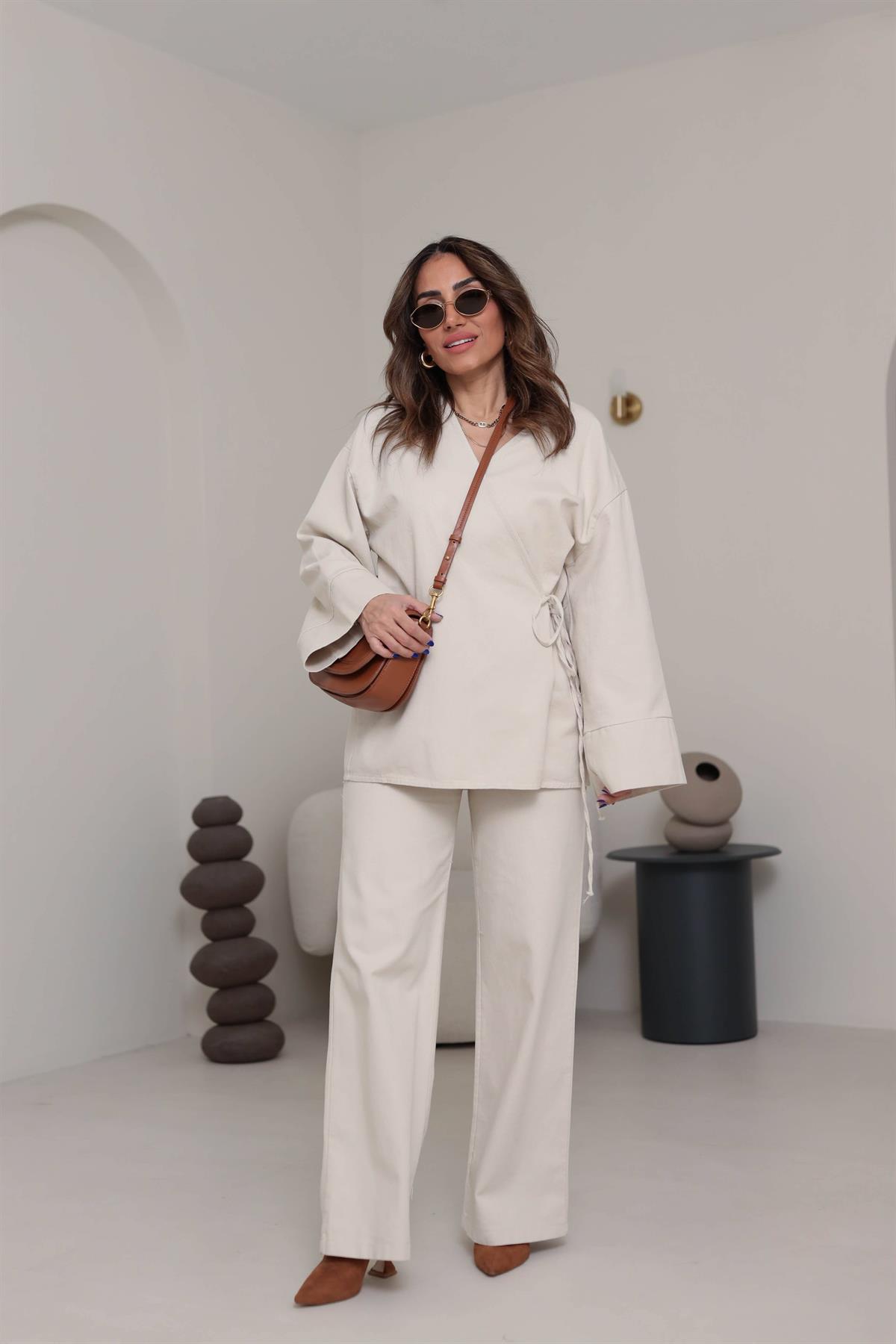 8629 Duble Kol Önden Bağlamalı Ceket & Pantolon Takım TAŞ