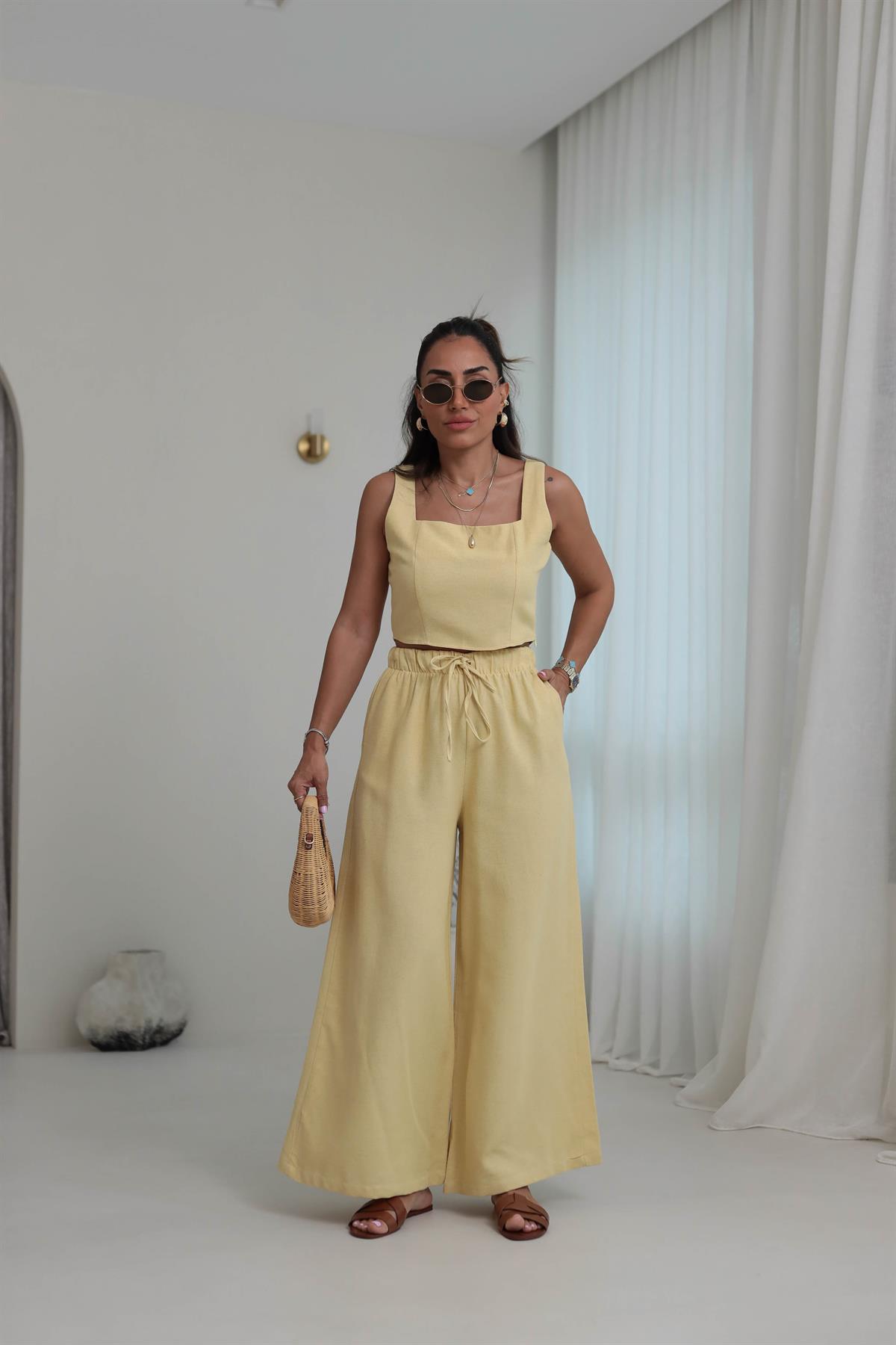 9381 Keten Kare Yaka Büstiyer Pantolon Takım SARI