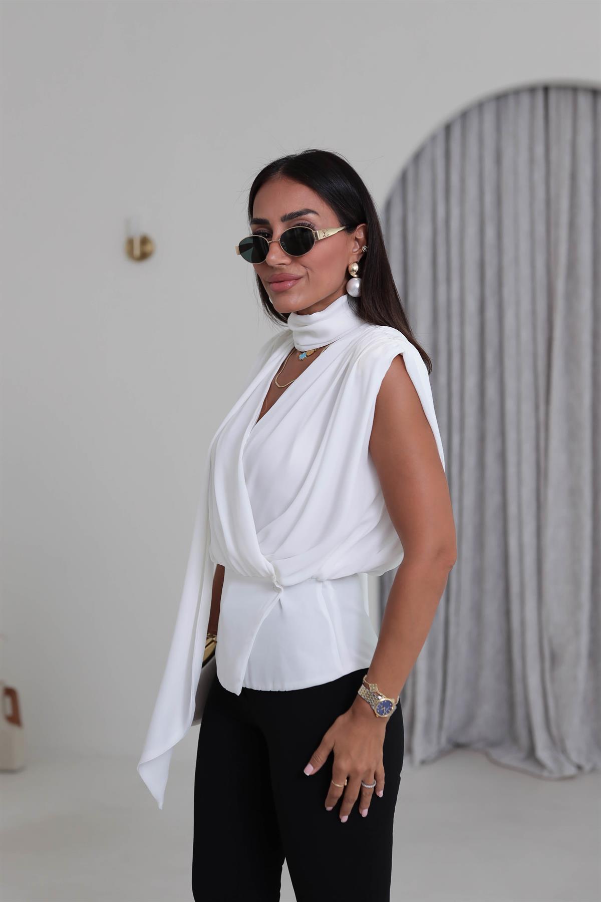 6197 Vatkalı Şal Detaylı Bluz EKRU