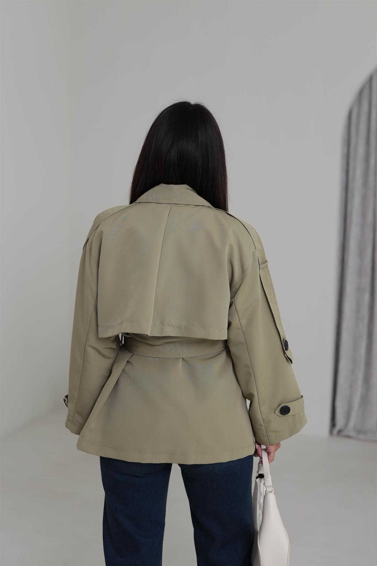 2019 Apoletli Kuşaklı Kısa Trençkot HAKİ YEŞİL