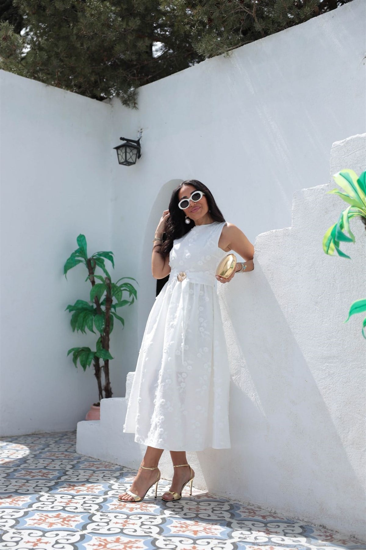 9596 İşleme Detaylı Kemerli Elbise BEYAZ